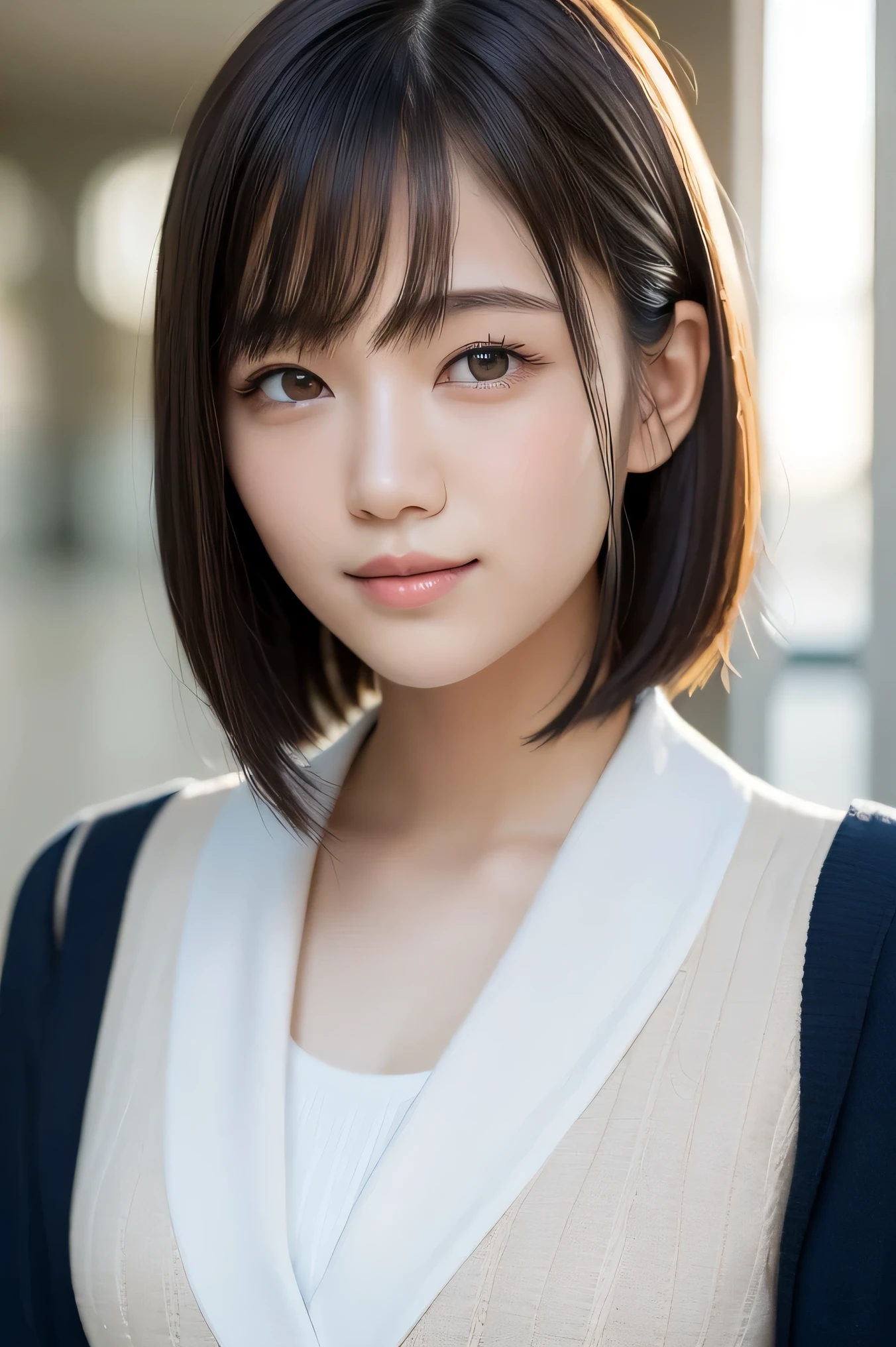 (highest quality:1.5)、(Realistic:1.5)、(1 person:1.5)、(Upper Body:1.5)、Very detailed、High resolution、8k wallpaper、、Small breasts、Natural color lips、Cute Smile、Japanese women、18-year-old girl、Beautiful and elegant face、Perfect and beautiful face、Big eyes、Brunette eyes、Beautiful and elegant face、Natural double eyelids、Natural Bangs、Beautiful thin nose、Beautiful Skin、Chestnut Hair、Medium Bob Hair、Short Hair、Natural Bangs、Perfect and beautiful face、Slim face and figure、(Looking at the camera with a cute expression)、Bright lighting、Professional Lighting、Forward lighting、Cute Smile、(School uniform)、Girls' High School 、Beautiful clavicle、Facing forward、Simple poses、Fair skin、slender、Glowing Skin、Beautiful Skin、Sailor suit、School、Cute sailor suit、blouse、blazer、