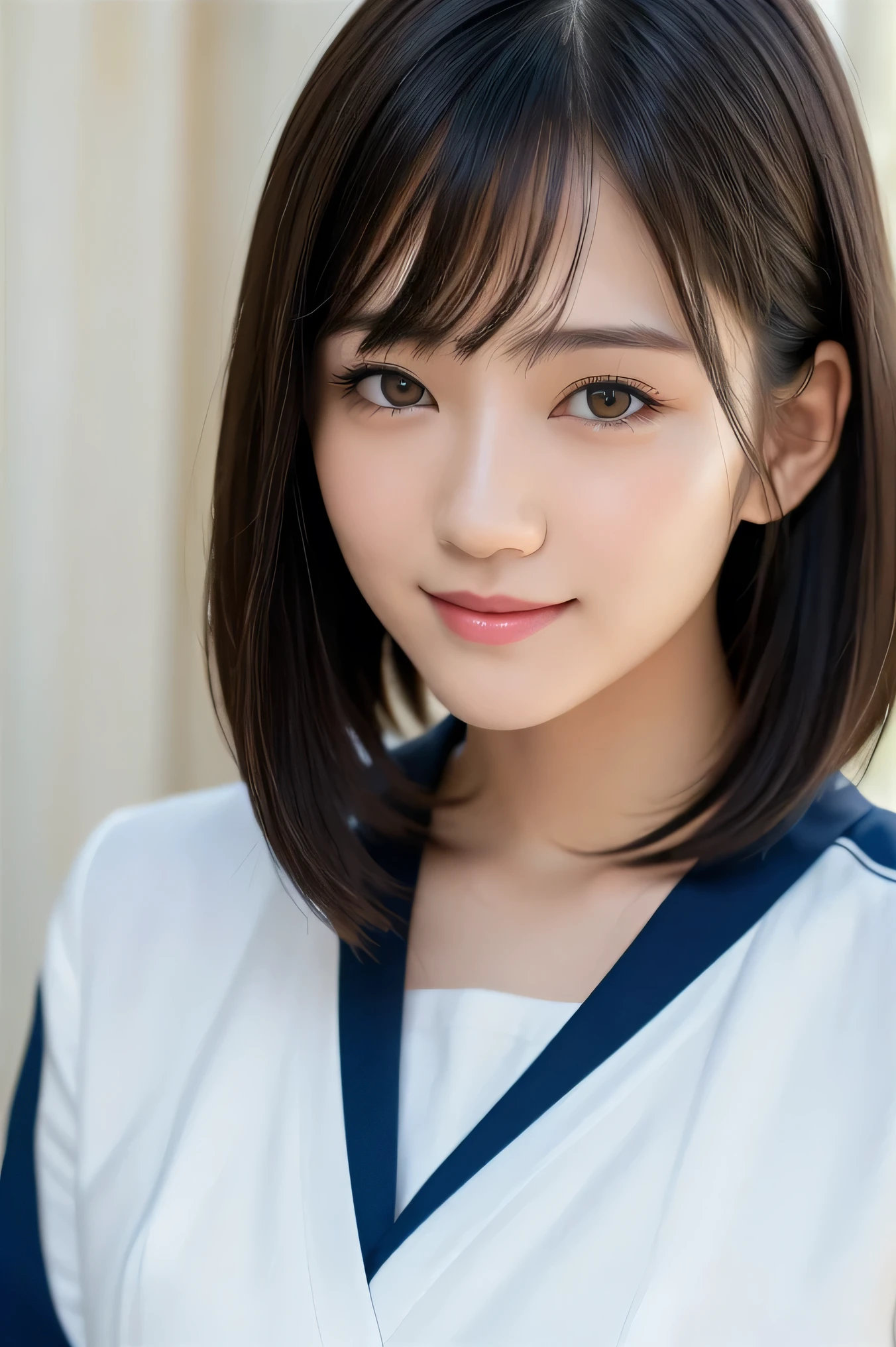 (highest quality:1.5)、(Realistic:1.5)、(1 person:1.5)、(Upper Body:1.5)、Very detailed、High resolution、8k wallpaper、、Small breasts、Natural color lips、Cute Smile、Japanese women、18-year-old girl、Beautiful and elegant face、Perfect and beautiful face、Big eyes、Brunette eyes、Beautiful and elegant face、Natural double eyelids、Natural Bangs、Beautiful thin nose、Beautiful Skin、Chestnut Hair、Medium Bob Hair、Short Hair、Natural Bangs、Perfect and beautiful face、Slim face and figure、(Looking at the camera with a cute expression)、Bright lighting、Professional Lighting、Forward lighting、Cute Smile、(School uniform)、Girls' High School 、Beautiful clavicle、Facing forward、Simple poses、Fair skin、slender、Glowing Skin、Beautiful Skin、Sailor suit、School、Cute sailor suit、blouse、blazer、