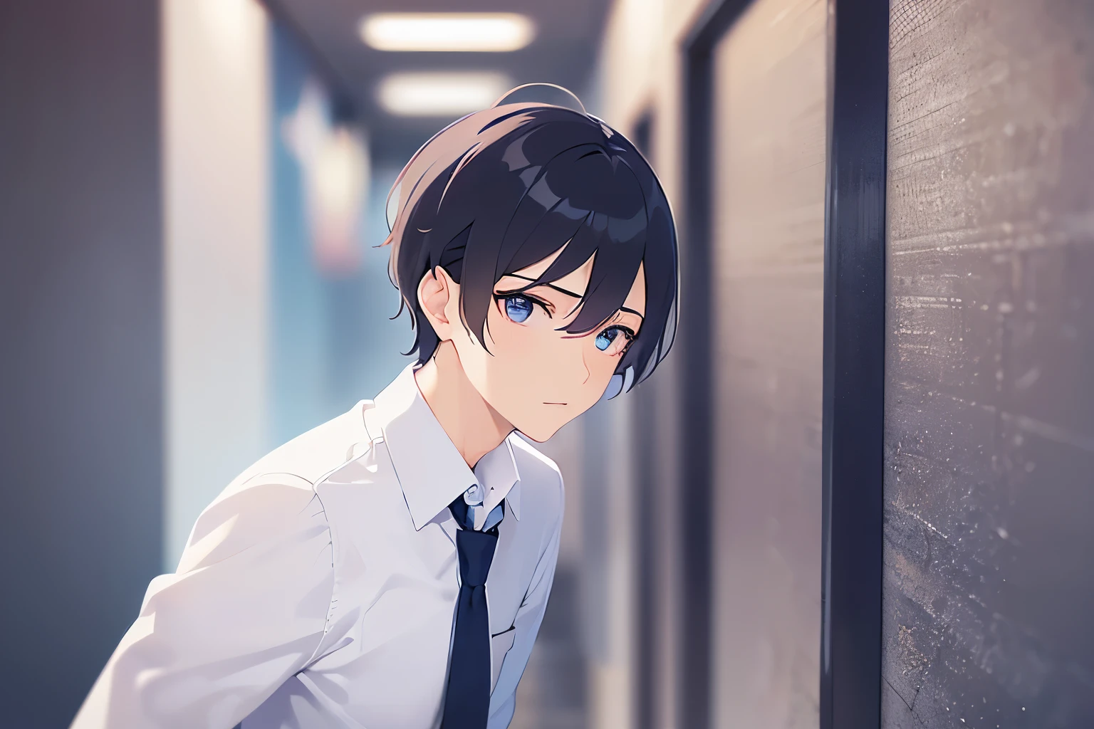 portrait、shiny skin, masterpiece、highest quality、(25-year-old male:1.5) and (Black short hair) and (blue eyes), (Wearing a suit:1.5) and (White collared shirt) and (Blue tie)、Are standing、(sad:1.2), The background is an office hallway、(Alone:1.5)
