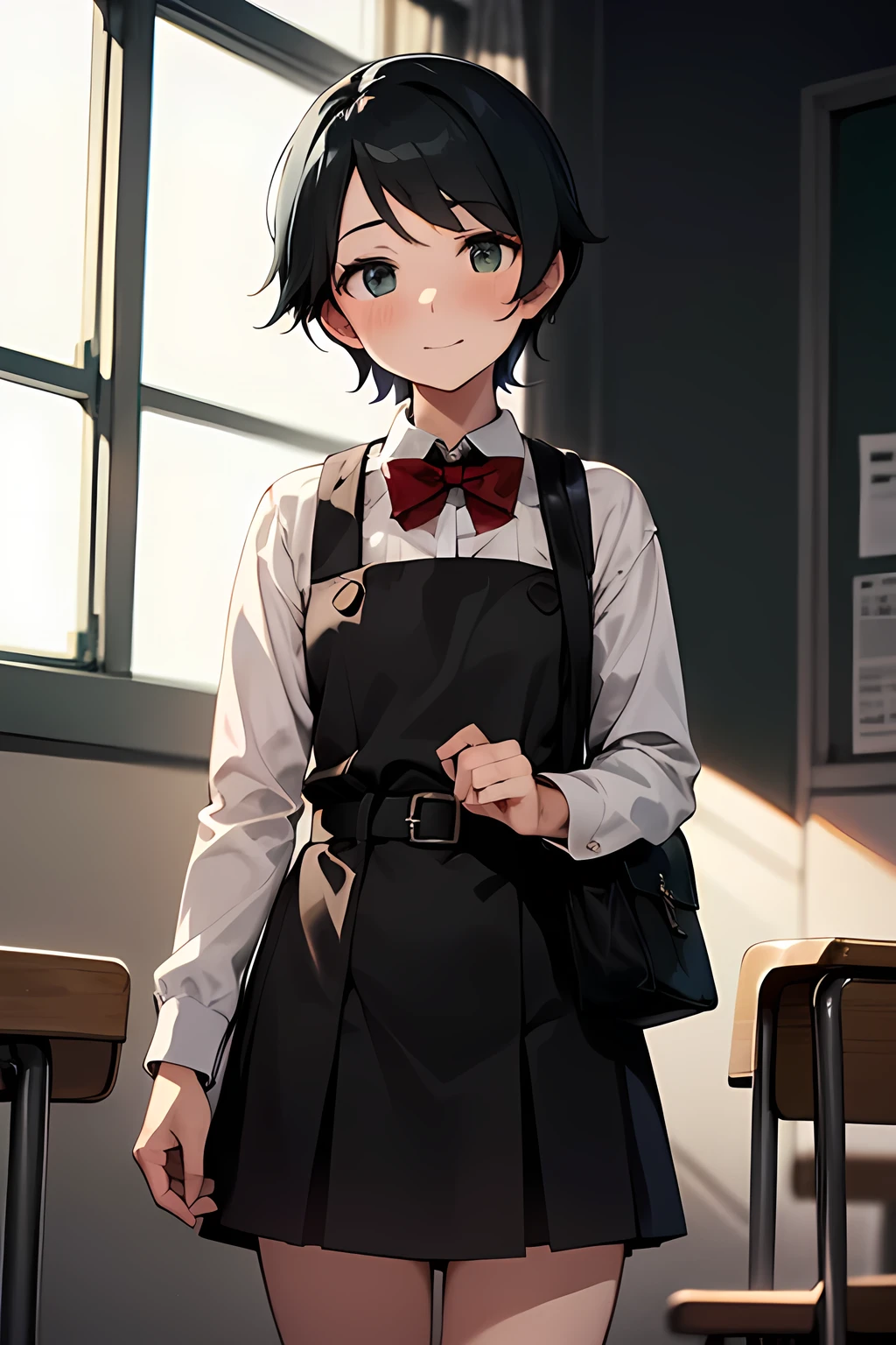 ((masterpiece,best quality)), highres, extremely detailed 8K wallpaper, depth_of_field, best shadow, (Colorful),(Delicate eyes and face), Perfect hands, (no lighting), Ray tracing, BREAK
(1girl), mogami \(kancolle\), black hair, short hair, black eyes / green eyes, swept bangs, (full-face blush), slender, skinny, best smile, BREAK,
standing, perfect hands, BPD,((black pinafore dress)),long skirt,red bowtie,belt, have school bag, BREAK,
Cowboy Shots and knee, school, classroom, (((night time))), ((dark backgrounds:1.2)),