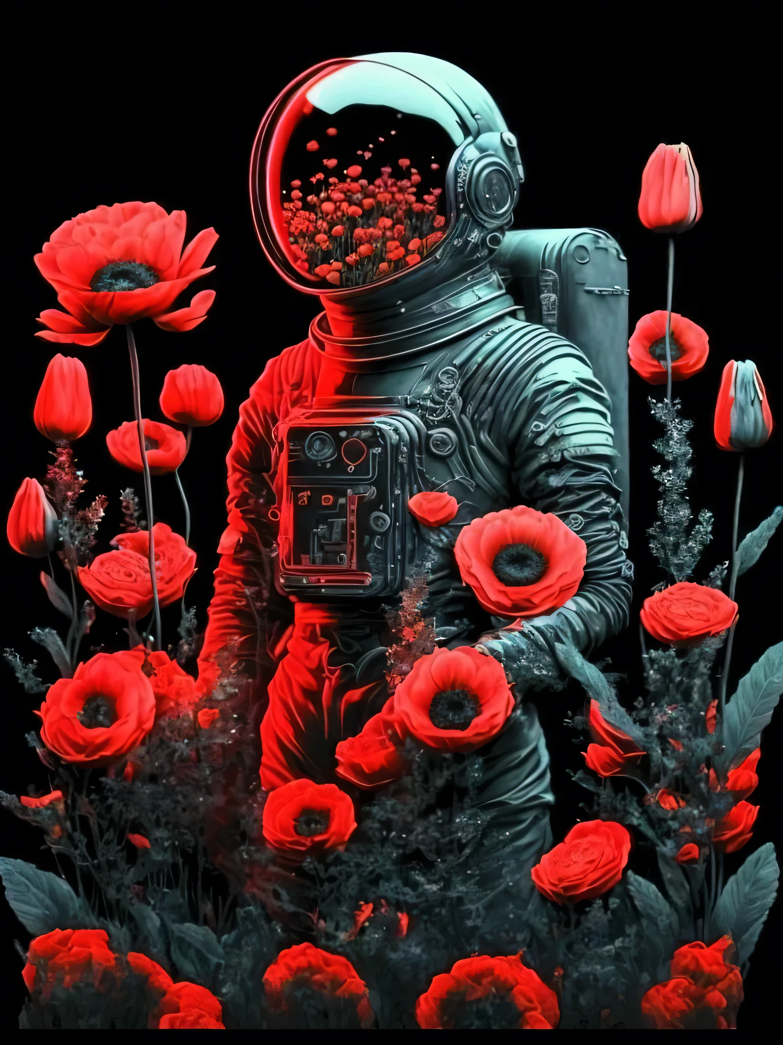 close-up of a man in a spacesuit surrounded by flowers, Atmosphere of heavenly red flowers, Bipl and james jean, Humanoids, overgrown with flowers, Psychedelic surrealist art, in the red world of dreams, redshift vibrations, Bipl. hyperrealism, Cosmonaut, Surreal Dark Art, cyberpunk cyborg. roses, Bipl and jeremiah ketner