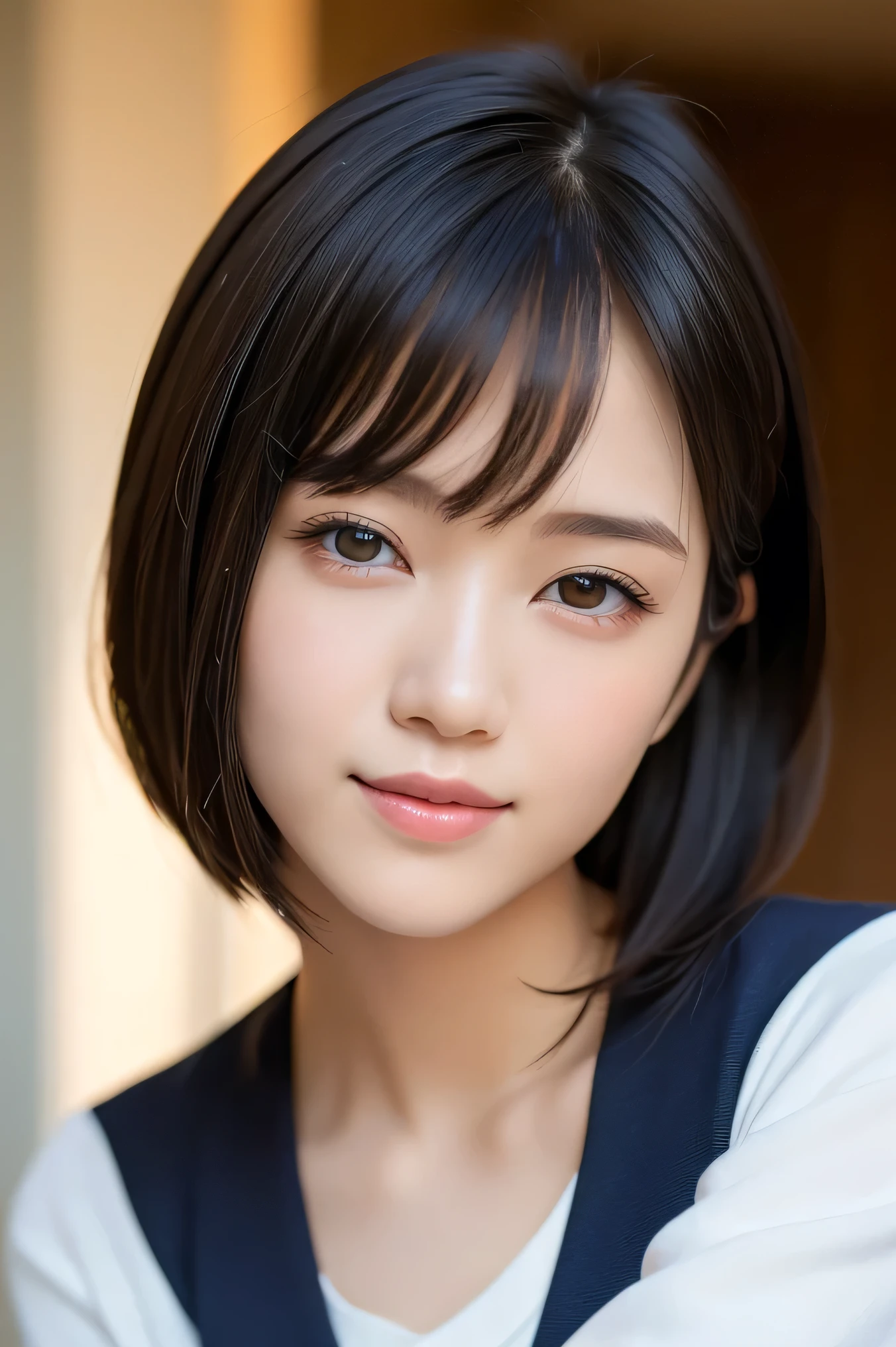 (highest quality:1.5)、(Realistic:1.5)、(1 person:1.5)、(Upper Body:1.5)、Very detailed、High resolution、8k wallpaper、、Small breasts、Natural color lips、Cute Smile、Japanese women、20-year-old girl、Beautiful and elegant face、Perfect and beautiful face、Big eyes、Brunette eyes、Beautiful and elegant face、Natural double eyelids、Natural Bangs、Beautiful thin nose、Beautiful Skin、Chestnut Hair、Medium Bob Hair、Short Hair、Natural Bangs、Perfect and beautiful face、Slim face and figure、(Looking at the camera with a cute expression)、Bright lighting、Professional Lighting、Forward lighting、Cute Smile、High 、Girls' High School 、Beautiful clavicle、Facing forward、Simple poses、Fair skin、slender、Glowing Skin、Beautiful Skin、(Sailor suit)、School、