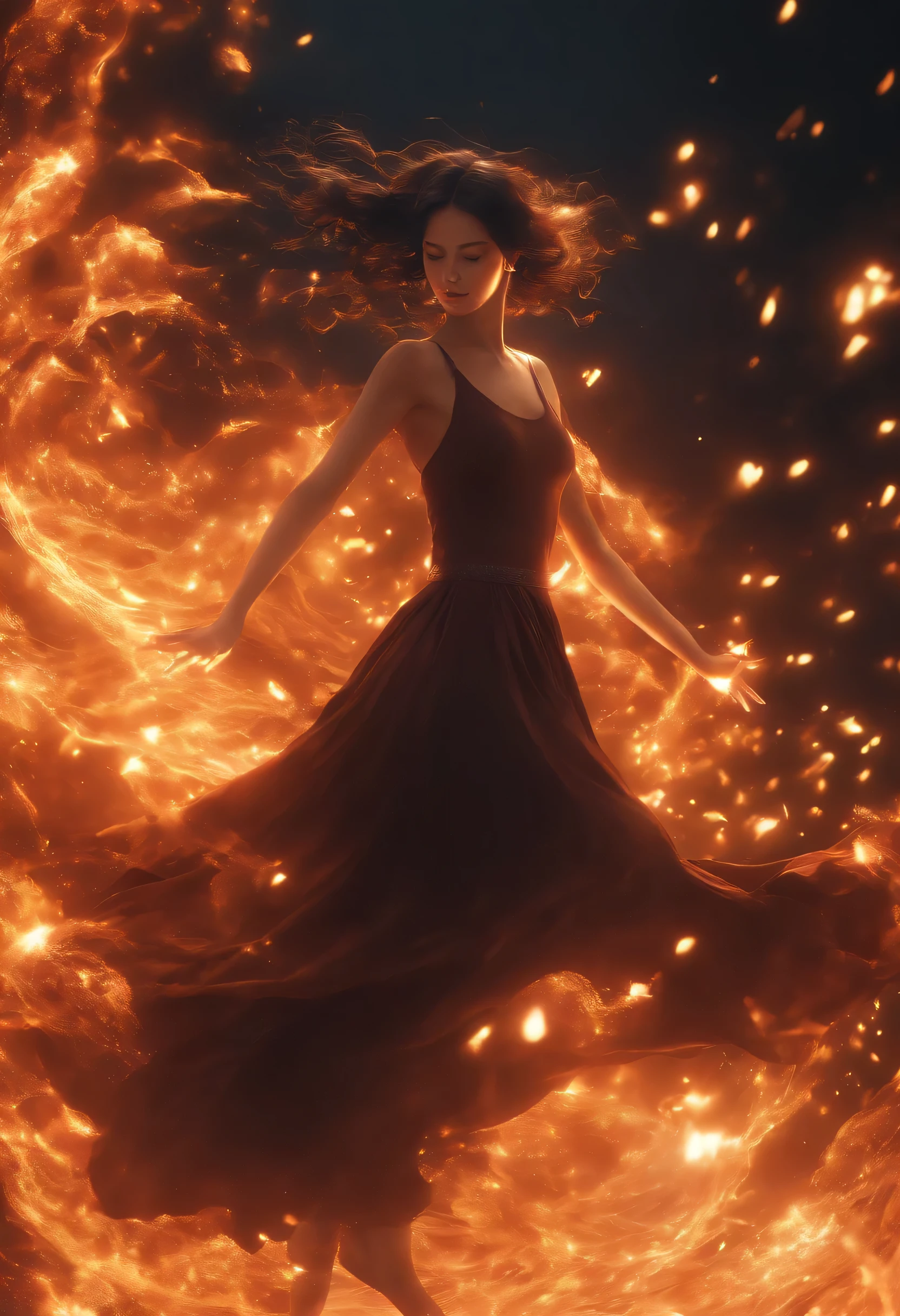 Enter a captivating scene,An anime girl sitting on a floating platform, How energetic fire particles ignite the air around you, Creates a stunningly dynamic atmosphere. Creative lighting styles bathed in brilliant light, Burning light, Harmonizes with rotating fire particles. Crafted with meticulous precision,Render in stunning 10k high resolution, This masterpiece incorporates the artistic medium of digital illustration, The impact of fire, particle sim, and post-processing technology. Take inspiration from anime styles, Mystical realism, and contemporary surrealism, It captures the fiery, The ethereal beauty of anime girls in dancing flames, Fire particles enhance the sense of magic and wonder.