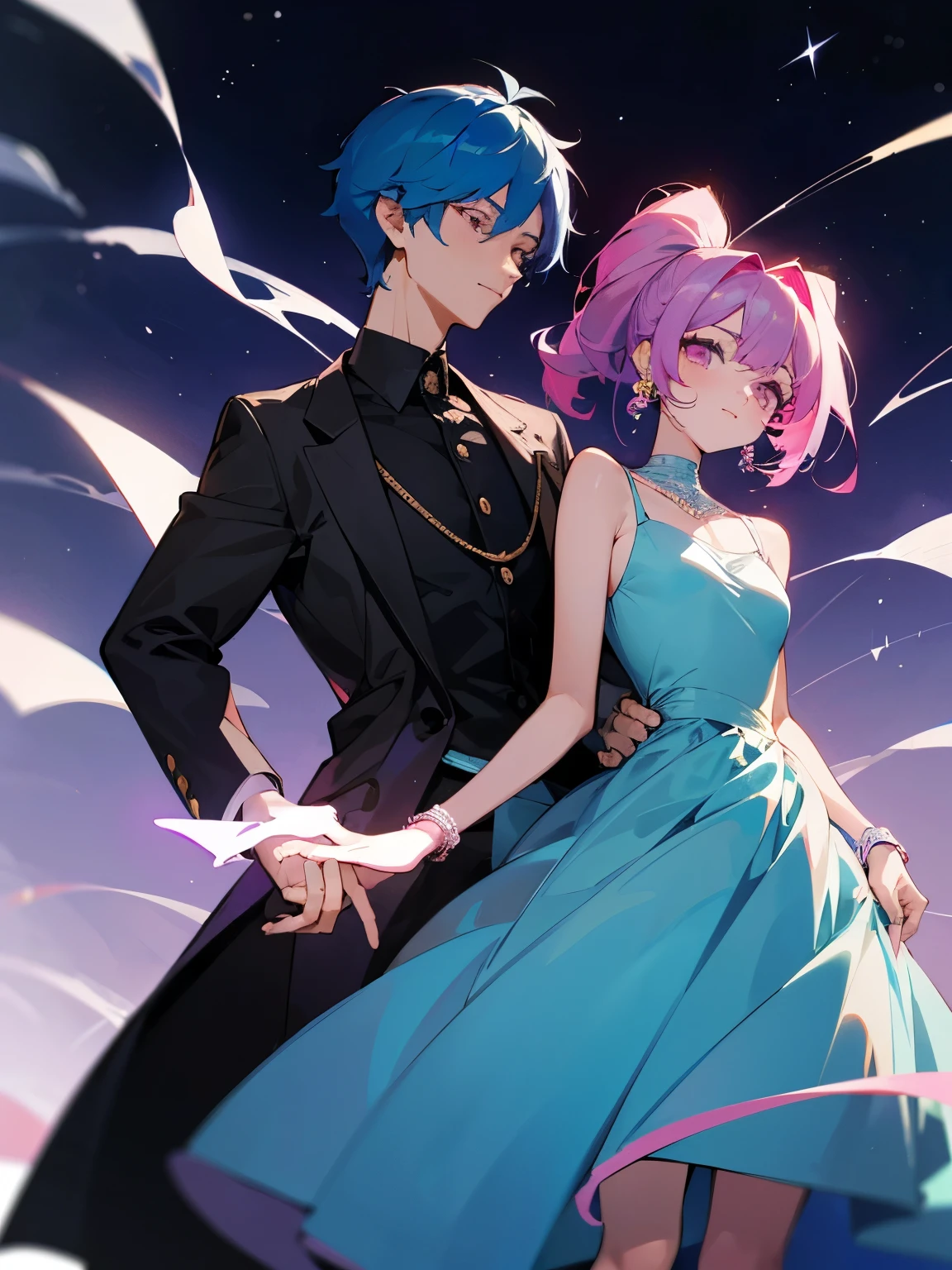 cartoon of a boy and a girl standing close together, ddlc, in the art style of 8 0 s anime, 9 0 s anime style, 90s anime style, in anime style, in an anime style, anime aesthetic, anime vibes, 9 0 s anime aesthetic, 9 0 s anime art style, lofi boy and girl, beautiful background outside, background at night with stars and a moon, fairy lights, beautiful background in a floral garden with fairy lights at night, a cute boy and a cute girl, beautiful faces, a boy and a girl, don't extra hands, NO extra hands, generate a boy and a girl with NO extra hands, NO extra arm, the boy has a short hairstyle and the girl has a long hairstyle, the boy has blue hair, the girl has pink hair, pretty faces, cute pretty boy in a smoking dress, cute pretty girl in a beautiful dress, with amazing smile, boy has a pretty smile, girl has a cute smile