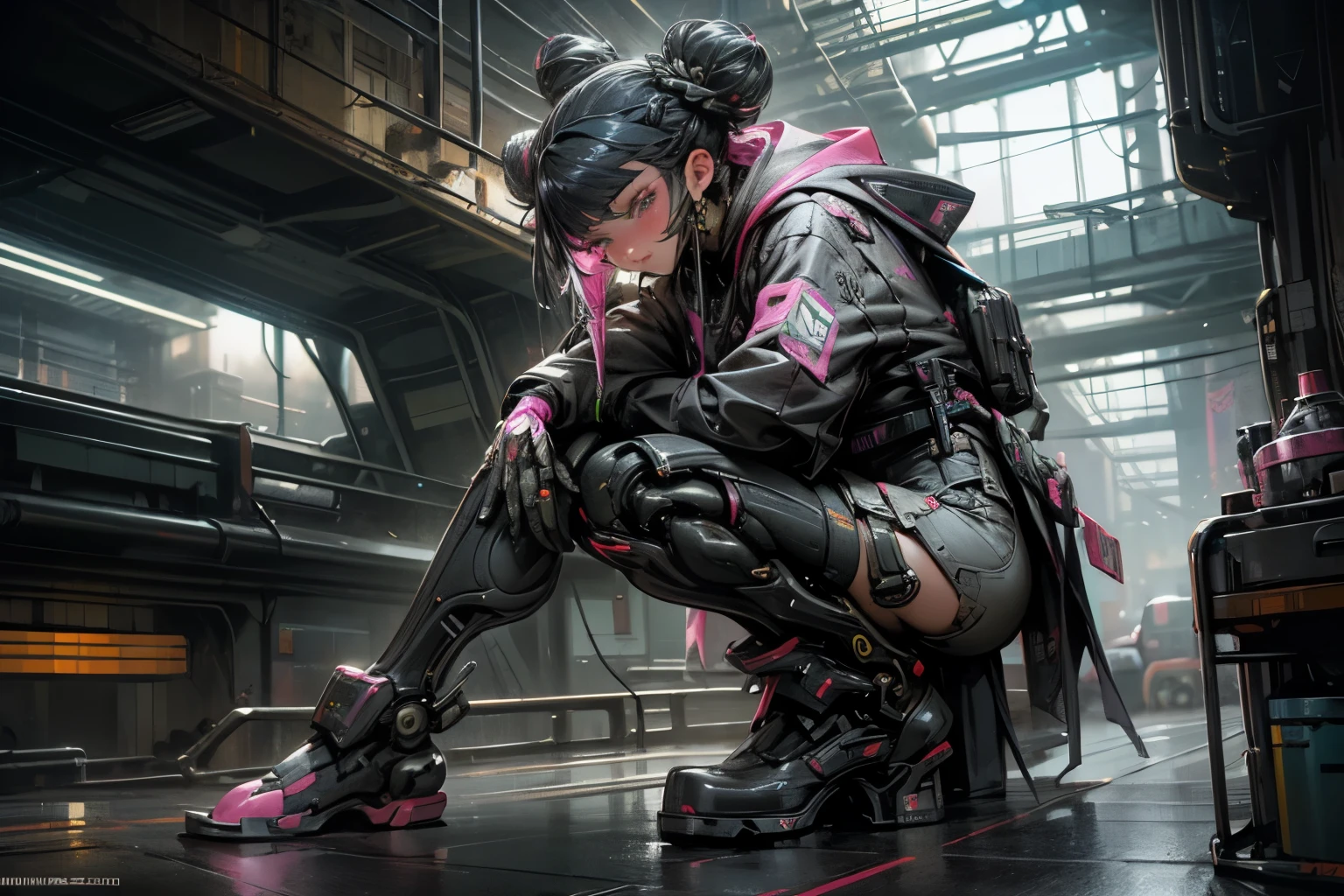 cyberpunk, cyber-themed, neon colors, robots, cyber suit, bio-prosthesis in arm and leg, robot arm, robot leg, 1 girl, full height, hair braided in 2 buns, cyber city on the background, interesting perspective, ultra-quality, detail, anime style, baggy clothes combined with robotic implants