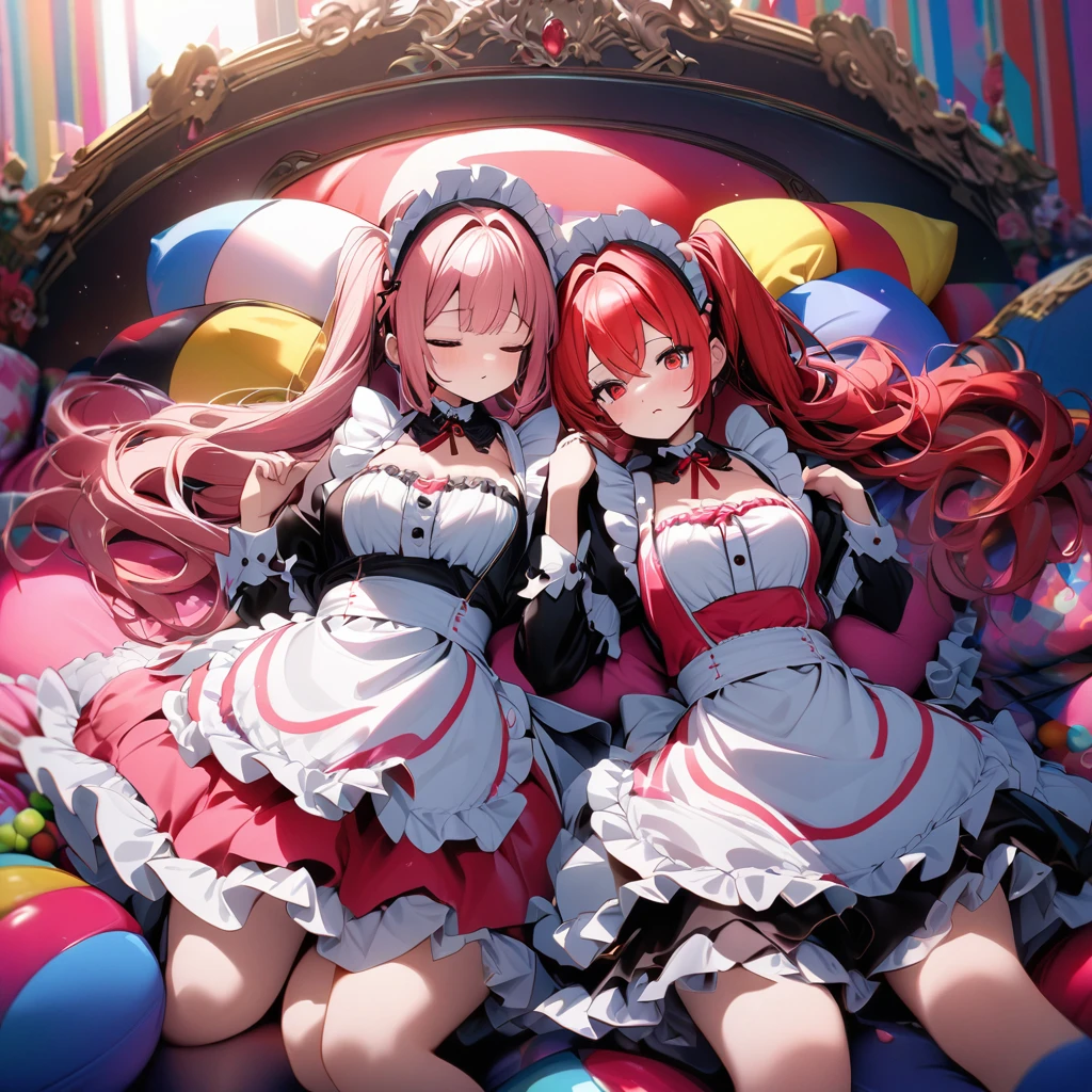 High quality, high definition, hig
h precision images,8k 2girl Robot Girl、red hair,Twin tails,Red eyes.(robot style red and white barrette)、colorful room、 colorful cute round bed, ((White and red luxurious frilled maid outfit,))
The two of us are sleeping and kissing