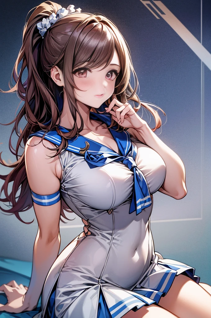 ((Top quality)), (超A high resolution), (Ultra-detailed), (Anatomically correct), (Limbs), (Full Finger), (Precise fingertip detailing), (Intricate iris detail,Pupil depth and three-dimensional effect:1.0), (8K), ((((Perfect Anatomy, Highly detailed skin)))), 
1 girl, Kogane Tsukioka, Tsukioka Koi Bell, B93, 19 years old, Shiny skin, Large Breasts:0.5, Take in the view, ((highest quality，8k，T masterpiece：1.3)), Sharp focus on the chest:1.2, Pretty woman with perfect figure:1.4, (((Large Breastsの谷間))), (信じられないほどLarge Breasts:1.5), Brown Hair、Shortcuts, (Big Hips), smile, 
((Short sleeve, Sailor-style dress, mini skirt, Light blue sailor collar, light blue sailor scarf)),