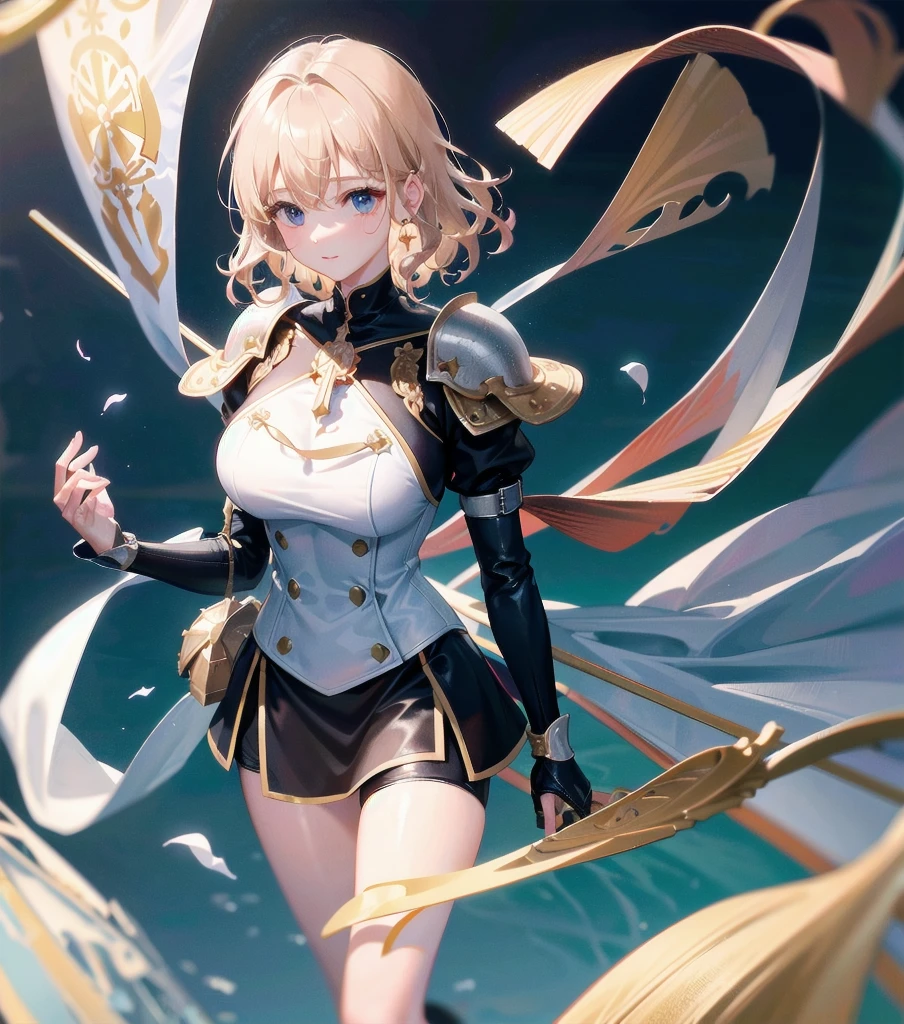absurdres, RAW photo, extremely delicate and beautiful, masterpiece, Best Quality, ultra high resolution, 32k, hyperrealistic, ultra-detailed, 20 years old, detailed beautiful face, tearful mole, earring, very huge round breasts, short medium hair, wavy hair, wet clothes, (full body shot), alone, blonde hair, gauntlets, Joan of Arc, (surcoat), (cross armor),