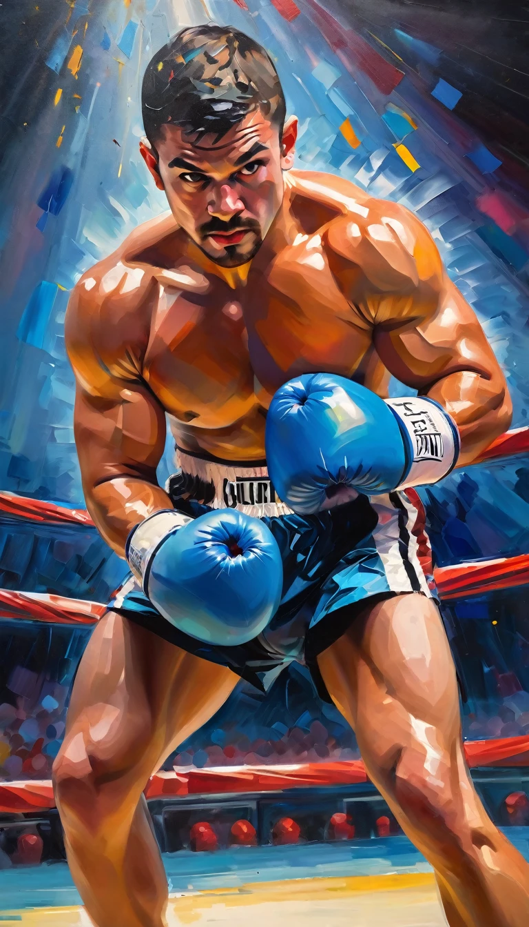 impressionist oil painting,boxer is preparing for the match,preparing for the fight,athletic build,strong muscles,concentration,fierce determination,sweat pouring down face,intense gaze,rippling muscles,impressive physique,rippling muscles,boxing gloves,boxing shorts,tiger-striped face paint,perfectly toned body,boxing ring,spotlight,energetic atmosphere,dynamic brushstrokes,brilliant colors,vivid hues,soft and blended brushwork,transparent layers of paint,impressionistic style,copying the visible brushstrokes,blurred edges,abstract background,excitement building up,anticipation,electric energy,rhythmic movement,visual poetry,energetic brushstrokes,bold use of color,expressive and emotional impact.