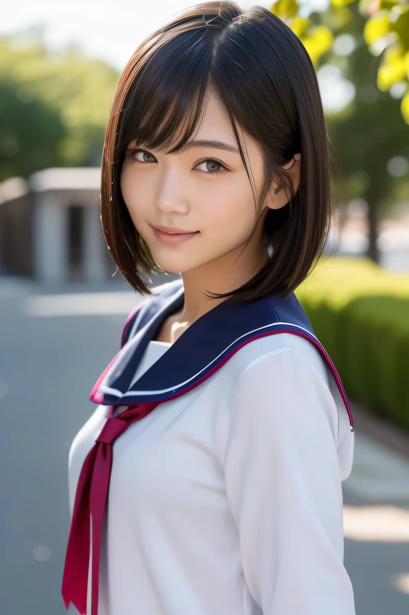 (highest quality:1.5)、(Realistic:1.5)、(1 person:1.5)、(Upper Body:1.5)、Very detailed、High resolution、8k wallpaper、、Small breasts、Natural color lips、Cute Smile、Japanese women、20-year-old girl、Beautiful and elegant face、Perfect and beautiful face、Big eyes、Brunette eyes、Beautiful and elegant face、Natural double eyelids、Natural Bangs、Beautiful thin nose、Beautiful Skin、Chestnut Hair、Medium Bob Hair、Short Hair、Natural Bangs、Perfect and beautiful face、Slim face and figure、(Looking at the camera with a cute expression)、Bright lighting、Professional Lighting、Forward lighting、Cute Smile、(High School Uniform)、(Girls' High School School Uniform)、Beautiful clavicle、Facing forward、Simple poses、Fair skin、slender、Glowing Skin、Beautiful Skin、(Sailor suit)、Schoolyard、