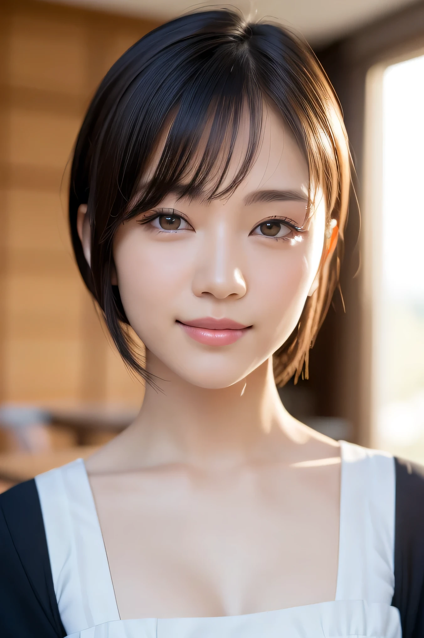 (highest quality:1.5)、(Realistic:1.5)、(1 person:1.5)、(Upper Body:1.5)、Very detailed、High resolution、8k wallpaper、、Small breasts、Natural color lips、Cute Smile、Japanese women、20-year-old girl、Beautiful and elegant face、Perfect and beautiful face、Big eyes、Brunette eyes、Beautiful and elegant face、Natural double eyelids、Natural Bangs、Beautiful thin nose、Beautiful Skin、Chestnut Hair、Medium Bob Hair、Short Hair、Natural Bangs、Perfect and beautiful face、Slim face and figure、(Looking at the camera with a cute expression)、Bright lighting、Professional Lighting、Forward lighting、Cute Smile、(Maid)、(maid clothes)、Beautiful clavicle、Facing forward、Simple poses、Fair skin、slender、Glowing Skin、Beautiful Skin、classroom