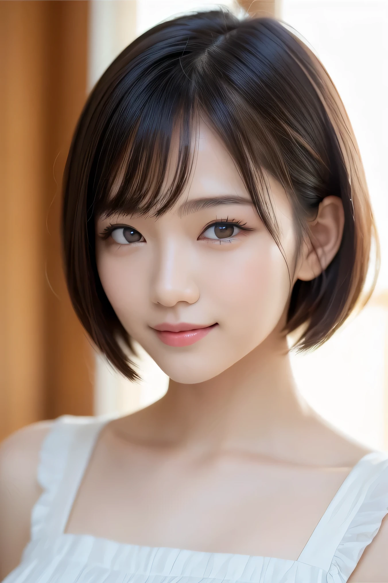 (highest quality:1.5)、(Realistic:1.5)、(1 person:1.5)、(Upper Body:1.5)、Very detailed、High resolution、8k wallpaper、、Small breasts、Natural color lips、Cute Smile、Japanese women、20-year-old girl、Beautiful and elegant face、Perfect and beautiful face、Big eyes、Brunette eyes、Beautiful and elegant face、Natural double eyelids、Natural Bangs、Beautiful thin nose、Beautiful Skin、Chestnut Hair、Medium Bob Hair、Short Hair、Natural Bangs、Perfect and beautiful face、Slim face and figure、(Looking at the camera with a cute expression)、Bright lighting、Professional Lighting、Forward lighting、Cute Smile、(Maid)、(maid clothes)、Beautiful clavicle、Facing forward、Simple poses、Fair skin、slender、Glowing Skin、Beautiful Skin、classroom