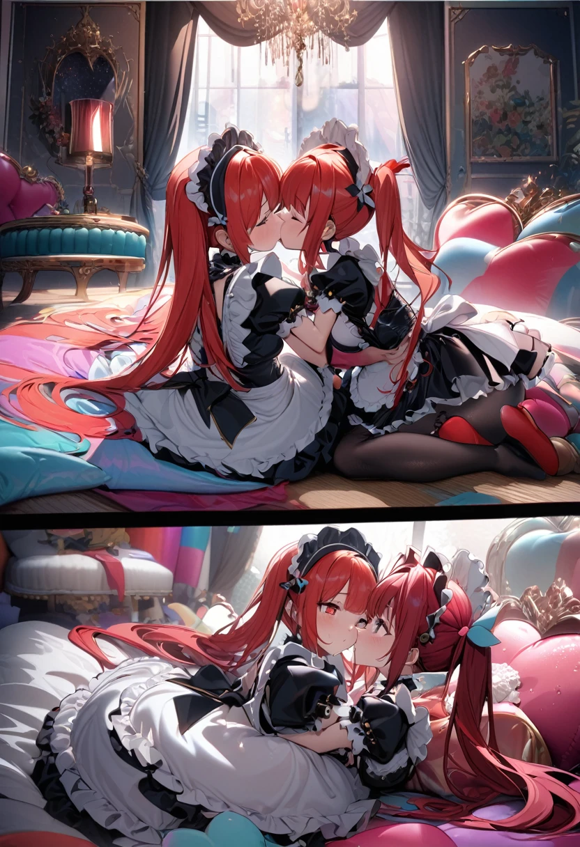 High quality, high definition, hig
h precision images,8k 2girl Robot Girl、red hair,Twin tails,Red eyes.(robot style red and white barrette)、colorful room、 colorful cute round bed, ((White and red luxurious frilled maid outfit,))
hug and kiss 

