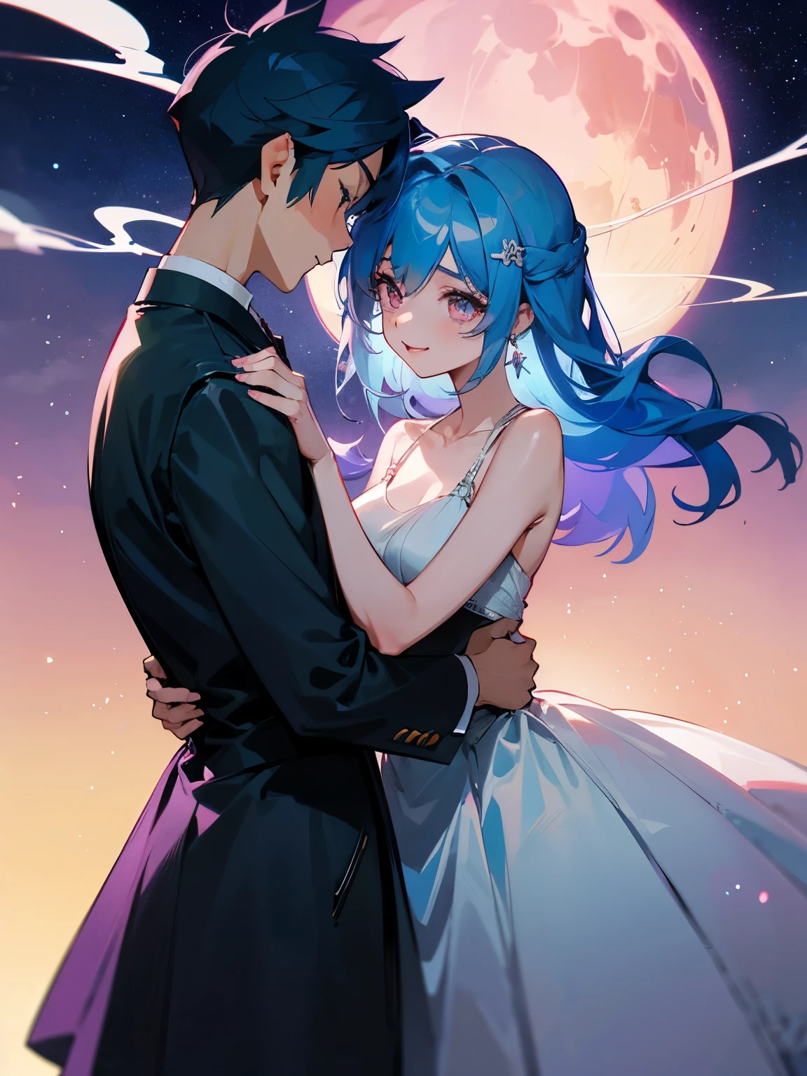 cartoon of a boy and a girl standing close together, ddlc, in the art style of 8 0 s anime, 9 0 s anime style, 90s anime style, in anime style, in an anime style, anime aesthetic, anime vibes, 9 0 s anime aesthetic, 9 0 s anime art style, lofi boy and girl, beautiful background outside, background at night with stars and a moon, fairy lights, beautiful background in a floral garden with fairy lights at night, a cute boy and a cute girl, beautiful faces, a boy and a girl, don't extra hands, NO extra hands, generate a boy and a girl with NO extra hands, NO extra arm, the boy has a short hairstyle and the girl has a long hairstyle, the boy has blue hair, the girl has pink hair, pretty faces, cute pretty boy in a smoking dress, cute pretty girl in a beautiful dress, with amazing smile, boy has a pretty smile, girl has a cute smile