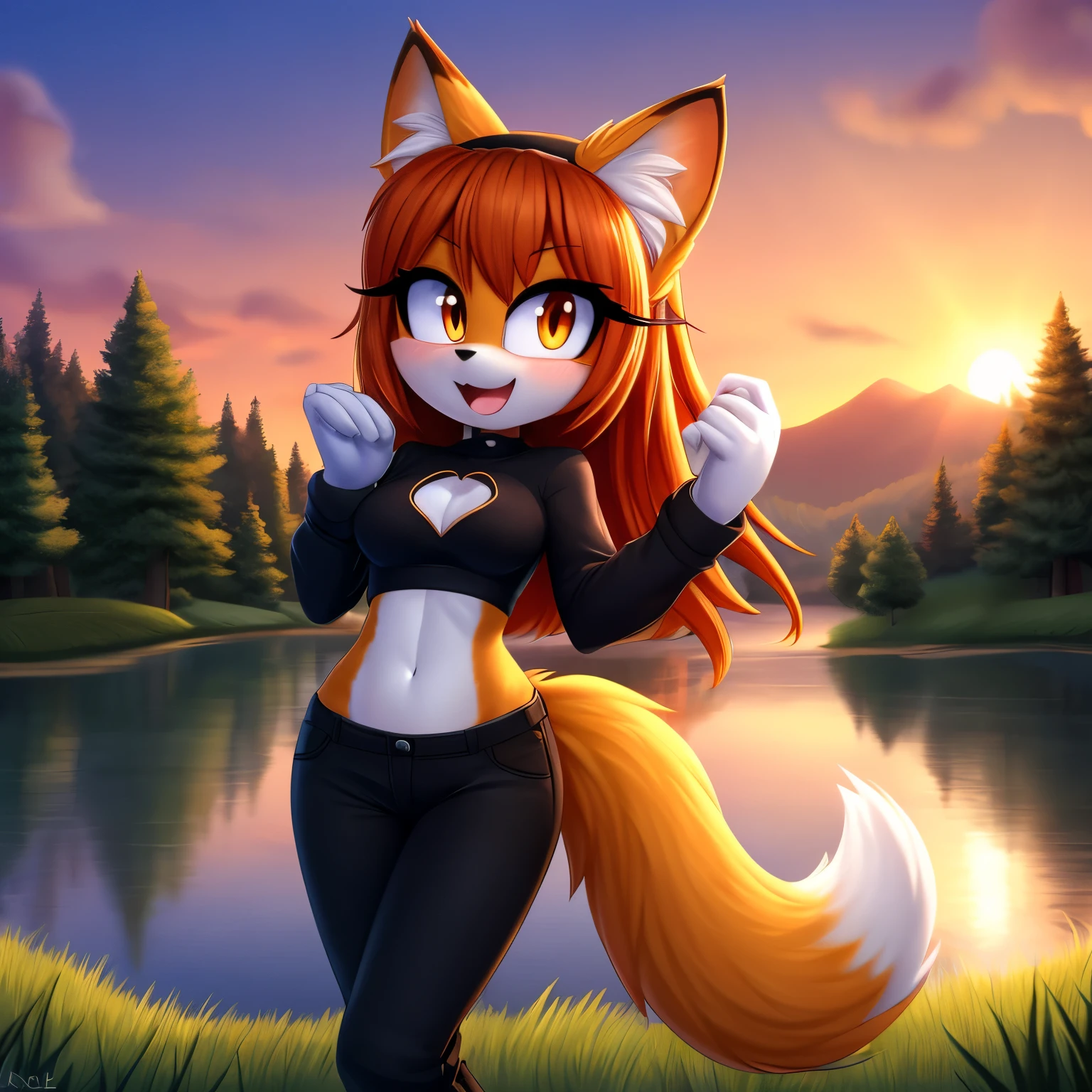 masterpiece, best quality, ultra-detailed, cinematic lighting, beautiful lighting, detailed background, detailed iris, detailed eyes, shading, intricate details, ((sharp, dynamic pose, expressive eyes)), ((4k)), ((2d, 2d art)), digital art, solo, outdoors, 1girl, smile, animal ear fluff, navel, hairband, open mouth, crop top, long hair, animal ears, breasts, tree, furry, blush, clothing cutout, black shirt, shirt, shoulder cutout, fox girl, orange hair, hands up, bangs, cowboy shot, pants, white gloves, animal nose, gloves, fox ears, nature, standing, furry female, happy, water, sunset, looking at viewer, orange fur, forest, long sleeves, ribbon, black pants, black hairband, clenched hands, sky, tail, hair ribbon, fang, midriff, black ribbon, medium breasts, fox tail, very long hair, orange eyes, stomach, heart, body fur, river, :3, sidelocks, white fur, shiny, lake, grass, small breasts, scenery, fur trim, blonde hair