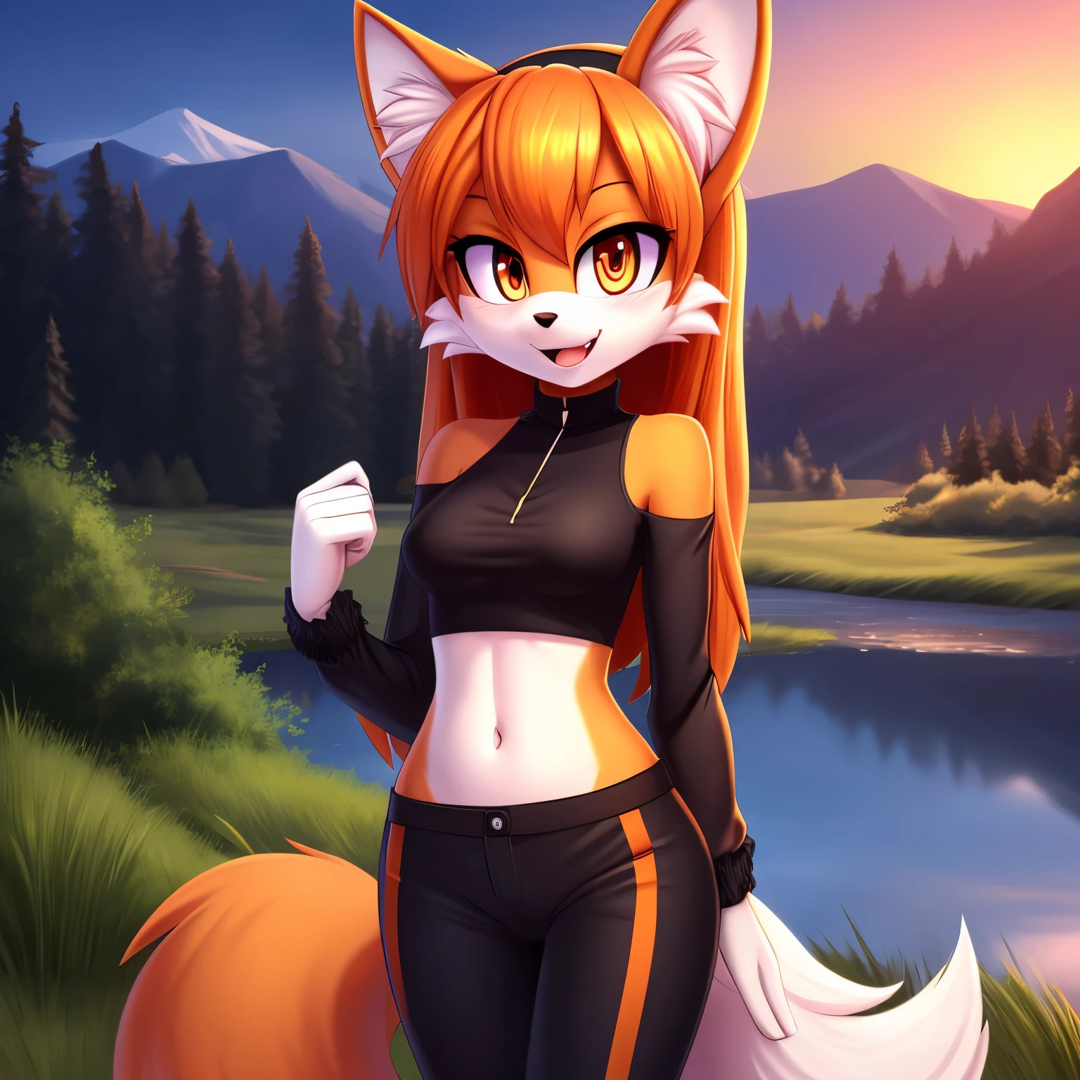 masterpiece, best quality, ultra-detailed, cinematic lighting, beautiful lighting, detailed background, detailed iris, detailed eyes, shading, intricate details, ((sharp, dynamic pose, expressive eyes)), ((4k)), ((2d, 2d art)), digital art, solo, outdoors, 1girl, smile, animal ear fluff, navel, hairband, open mouth, crop top, long hair, animal ears, breasts, tree, furry, blush, clothing cutout, black shirt, shirt, shoulder cutout, fox girl, orange hair, hands up, bangs, cowboy shot, pants, white gloves, animal nose, gloves, fox ears, nature, standing, furry female, happy, water, sunset, looking at viewer, orange fur, forest, long sleeves, ribbon, black pants, black hairband, clenched hands, sky, tail, hair ribbon, fang, midriff, black ribbon, medium breasts, fox tail, very long hair, orange eyes, stomach, heart, body fur, river, :3, sidelocks, white fur, shiny, lake, grass, small breasts, scenery, fur trim, blonde hair