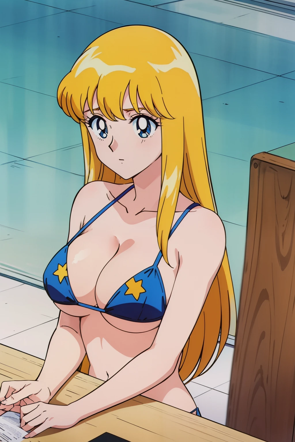 (anime cels style, Masterpiece, best quality, high resolution, anime colored, megami magazine:1.2, anime poster style, anime keyvisual, sharp, 8k, photorealistic), (beautiful eyes:1.5), reiko_aiwaifu, 1woman, milf, blond hair, long hair, (sagging huge breast), micro bikini, cleavage, (upper body:1.5), sitting, (perfect detailed anatomy, perfect arms, perfect fingers, beautiful face, perfect body, shiny skin), beach, 