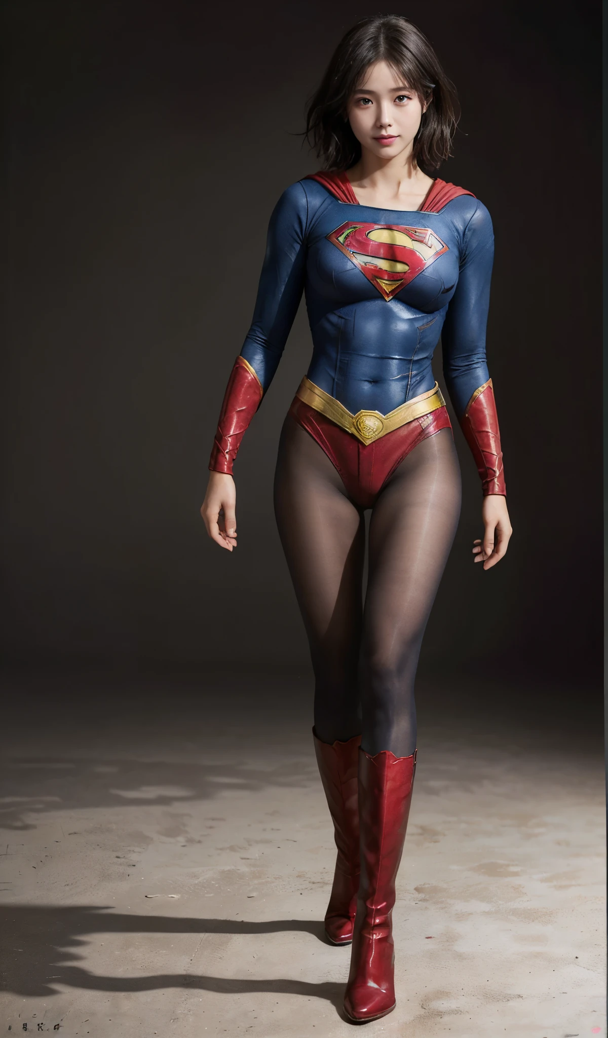 No background、(((Beautiful legs in black tights.)))、(((Legally express the beauty of your smile)))、((((Make the most of your original images)))、(((Supergirl Costume)))、(((Beautiful short bob hair)))、(((suffering)))、(((Please wear black tights....、Wear red boots)))、((Best image quality、8k))、((highest quality、8k、masterpiece:1.3))、(((Preserve background )))、Sharp focus:1.2、Beautiful woman with perfect figure:1.4、Slim Abs:1.2、Wet body:1.5、Highly detailed face and skin texture、8k