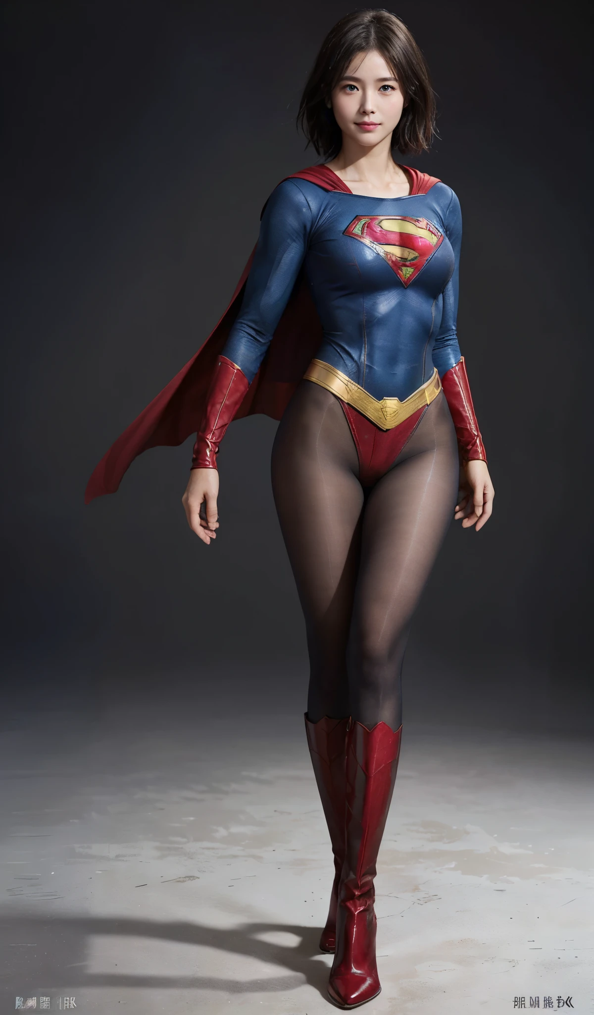 No background、(((Beautiful legs in black tights.)))、(((Legally express the beauty of your smile)))、((((Make the most of your original images)))、(((Supergirl Costume)))、(((Beautiful short bob hair)))、(((suffering)))、(((Please wear black tights....、Wear red boots)))、((Best image quality、8k))、((highest quality、8k、masterpiece:1.3))、(((Preserve background )))、Sharp focus:1.2、Beautiful woman with perfect figure:1.4、Slim Abs:1.2、Wet body:1.5、Highly detailed face and skin texture、8k