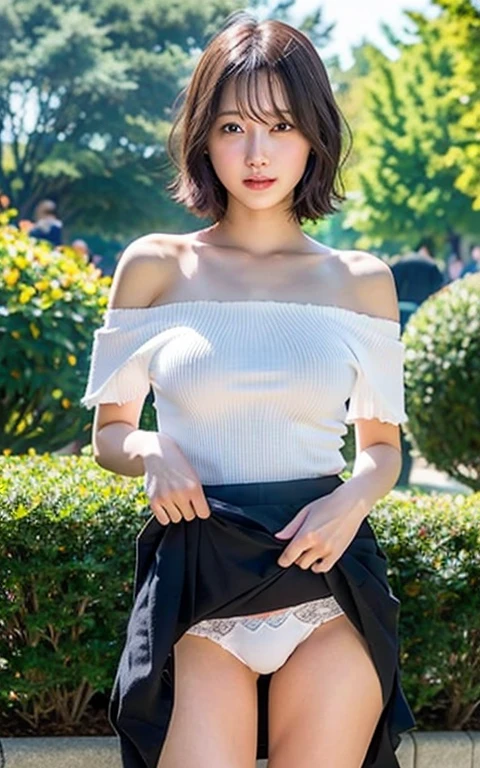 Highly detailed CG Unity 8K wallpaper, highest quality, super detailed, masterpiece, realistic, photo realistic, Highly detailed cute girl, 20-year-old, (skirt lift), ((skirt lift by myself)), white panties , panties focus, blush, parted lips, looking at the viewer , half body shot , wearing an off-shoulder shirt , (crowd), (crowded park) , short hair