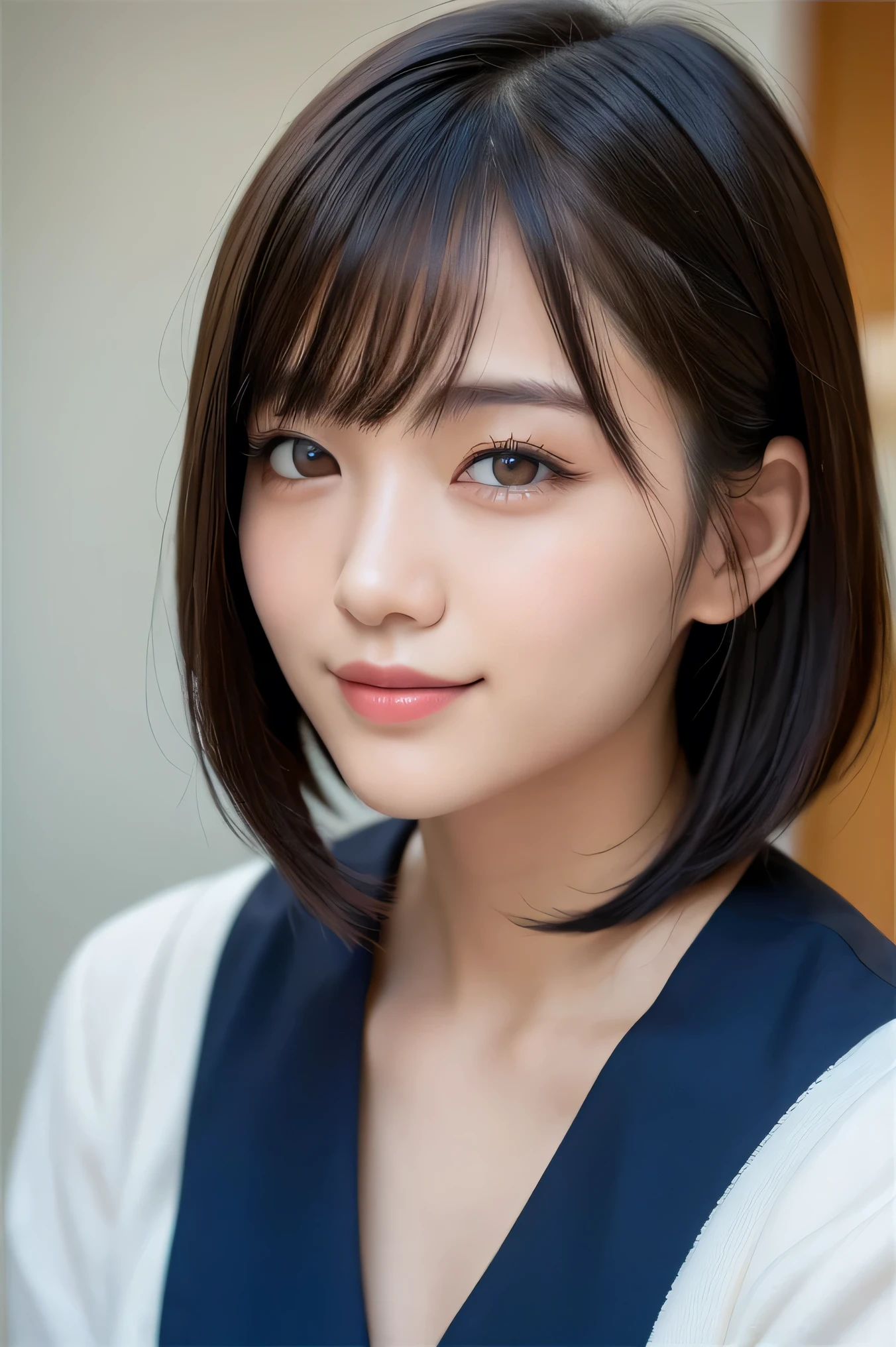 (highest quality:1.5)、(Realistic:1.5)、(1 person:1.5)、(Upper Body:1.5)、Very detailed、High resolution、8k wallpaper、、Small breasts、Natural color lips、Cute Smile、Japanese women、20-year-old girl、Beautiful and elegant face、Perfect and beautiful face、Big eyes、Brunette eyes、Beautiful and elegant face、Natural double eyelids、Natural Bangs、Beautiful thin nose、Beautiful Skin、Chestnut Hair、Medium Bob Hair、Short Hair、Natural Bangs、Perfect and beautiful face、Slim face and figure、(Looking at the camera with a cute expression)、Bright lighting、Professional Lighting、Forward lighting、Cute Smile、、、Beautiful clavicle、Facing forward、Simple poses、Fair skin、slender、Glowing Skin、Beautiful Skin、Maid、maid clothes、Sailor suit