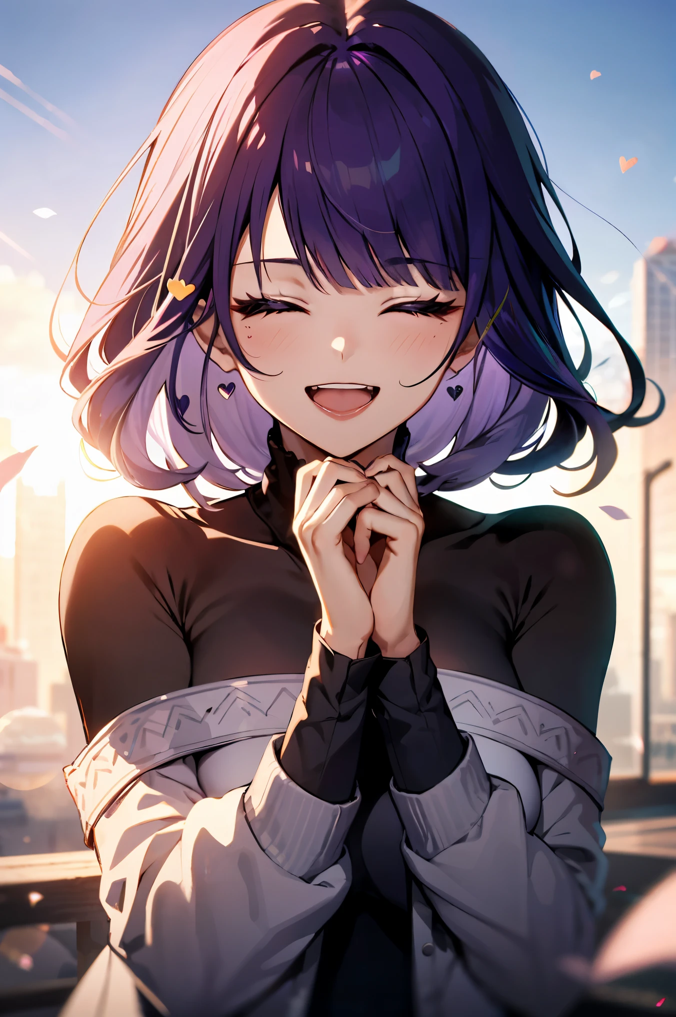 Anime girl with purple hair and black top posing on a rooftop - SeaArt AI