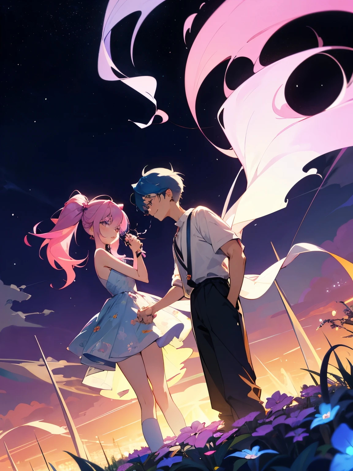 cartoon of a boy and a girl standing close together, ddlc, in the art style of 8 0 s anime, 9 0 s anime style, 90s anime style, in anime style, in an anime style, anime aesthetic, anime vibes, 9 0 s anime aesthetic, 9 0 s anime art style, lofi boy and girl, beautiful background outside, background at night with stars and a moon, fairy lights, beautiful background in a floral garden with fairy lights at night, a cute boy and a cute girl, beautiful faces, a boy and a girl, don't extra hands, NO extra hands, generate a boy and a girl with NO extra hands, NO extra arm, the boy has a short hairstyle and the girl has a long hairstyle, the boy has blue hair, the girl has pink hair, pretty faces, cute pretty boy in a smoking dress, cute pretty girl in a beautiful dress, with amazing smile, boy has a pretty smile, girl has a cute smile 