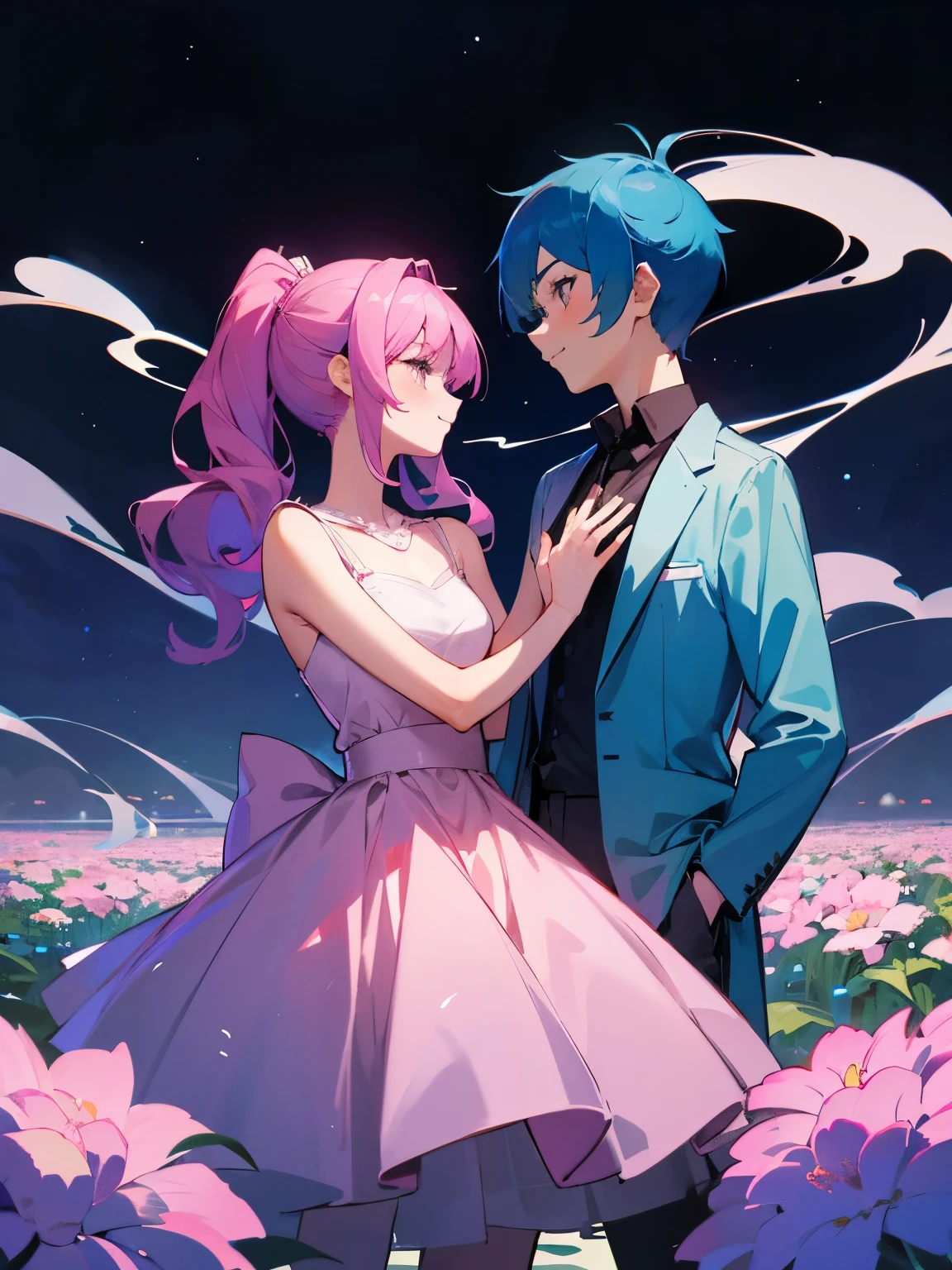 cartoon of a boy and a girl standing close together, ddlc, in the art style of 8 0 s anime, 9 0 s anime style, 90s anime style, in anime style, in an anime style, anime aesthetic, anime vibes, 9 0 s anime aesthetic, 9 0 s anime art style, lofi boy and girl, beautiful background outside, background at night with stars and a moon, fairy lights, beautiful background in a floral garden with fairy lights at night, a cute boy and a cute girl, beautiful faces, a boy and a girl, don't extra hands, NO extra hands, generate a boy and a girl with NO extra hands, NO extra arm, the boy has a short hairstyle and the girl has a long hairstyle, the boy has blue hair, the girl has pink hair, pretty faces, cute pretty boy in a smoking dress, cute pretty girl in a beautiful dress, with amazing smile, boy has a pretty smile, girl has a cute smile 