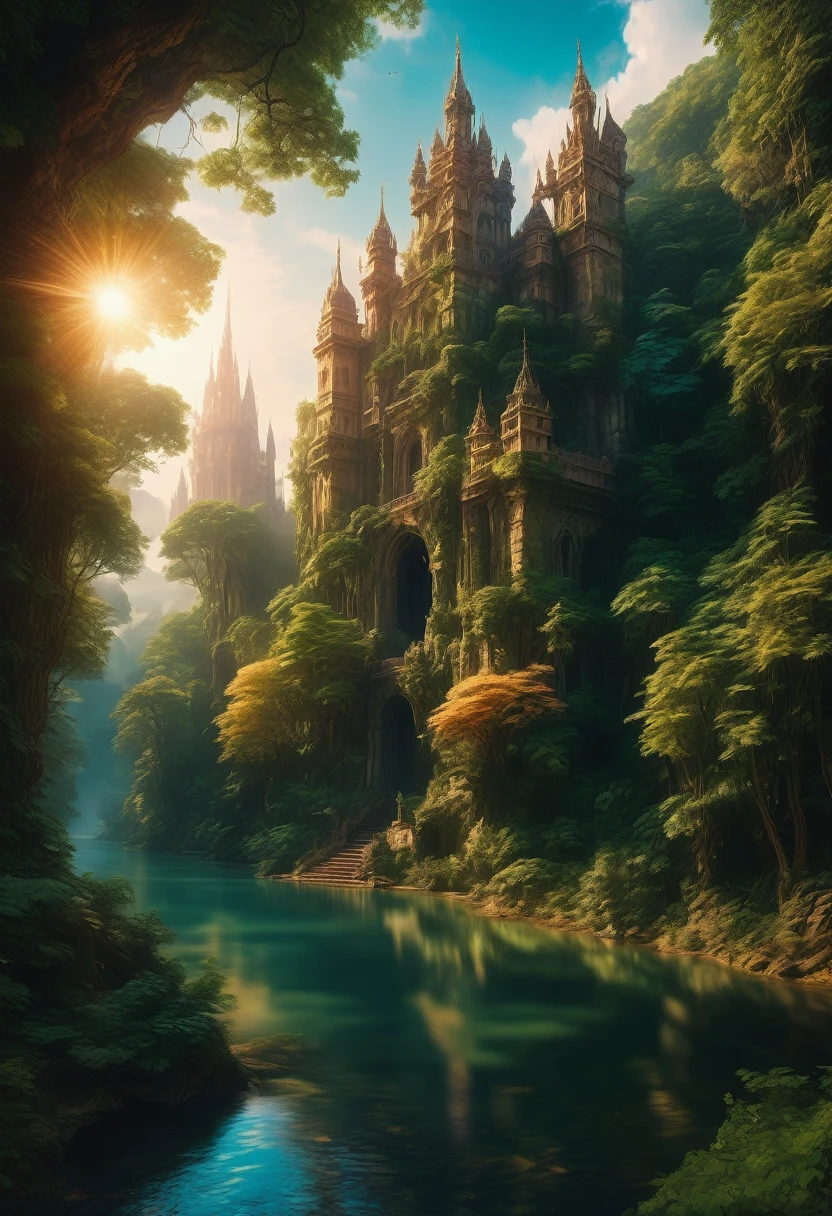 Dream Castle, aesthetic, (best quality,4k,8k,highres,masterpiece:1.2),ultra-detailed,medieval castle,majestic towers,grand entrance gate,mystical atmosphere,enchanted forest,sunlight filtering through the trees,lush greenery,gleaming river,reflection on the water,exquisite stone carvings,golden accents,spires reaching towards the sky,vivid colors,soft lighting,ethereal beauty,serene ambiance