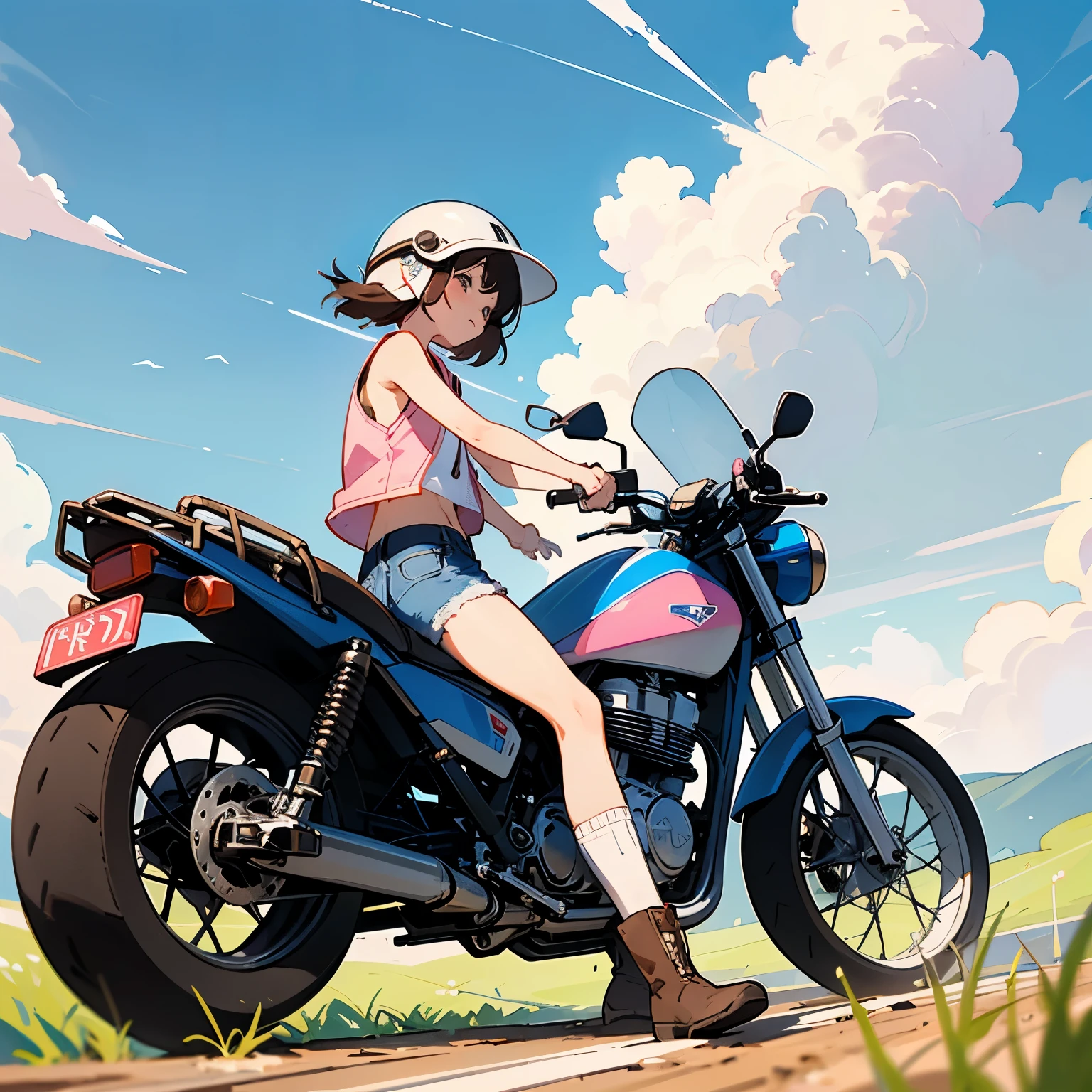 Highest quality、A girl is riding a white Super Cub、Dark brown short cut、(He is wearing a jet helmet with white and black lines running down the center of the helmet from front to back.、White tank top、Pink jacket、Denim shorts、White knee-high socks、Brown work boots:1.3)、Japanese countryside scenery、Road beside the stream、Small creek、Dirt Road、Weeds grow along the side of the road、Blue sky、White clouds floating、Early summer sky、