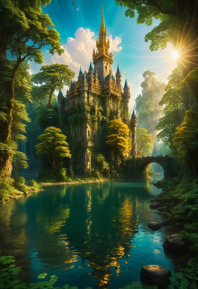 Dream Castle, aesthetic, (best quality,4k,8k,highres,masterpiece:1.2),ultra-detailed,medieval castle,majestic towers,grand entrance gate,mystical atmosphere,enchanted forest,sunlight filtering through the trees,lush greenery,gleaming river,reflection on the water,exquisite stone carvings,golden accents,spires reaching towards the sky,vivid colors,soft lighting,ethereal beauty,serene ambiance