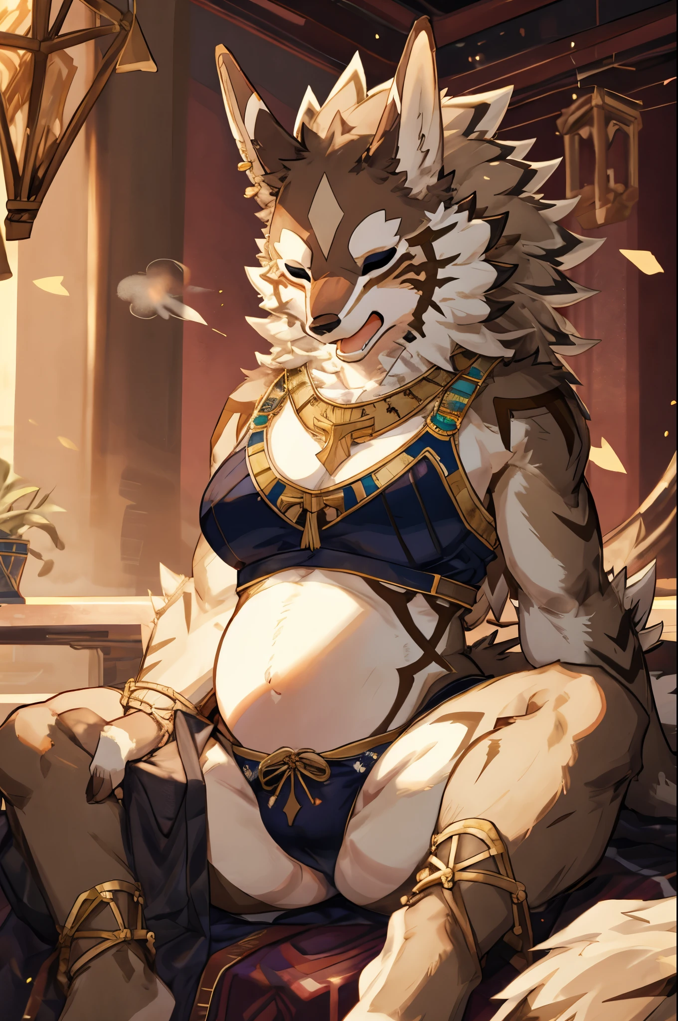 ((by Buta99, by SpiritD, best quality, masterpiece, perfect anatomy, detailed picture)), 1female, Jackal, Seth, Tokyo Afterschool Summoner, brown furs, clean eyes, green sclera eyes, young body, skinny body, big breasts, tail, big blushes, embarrassed, harem crop top, harem leg wear, harem panties, dancing, in the desert night club background, pregnant, panicked, pain, breath, moan, eyes closed, spread legs, labor, wet pussy, panties in view, front view