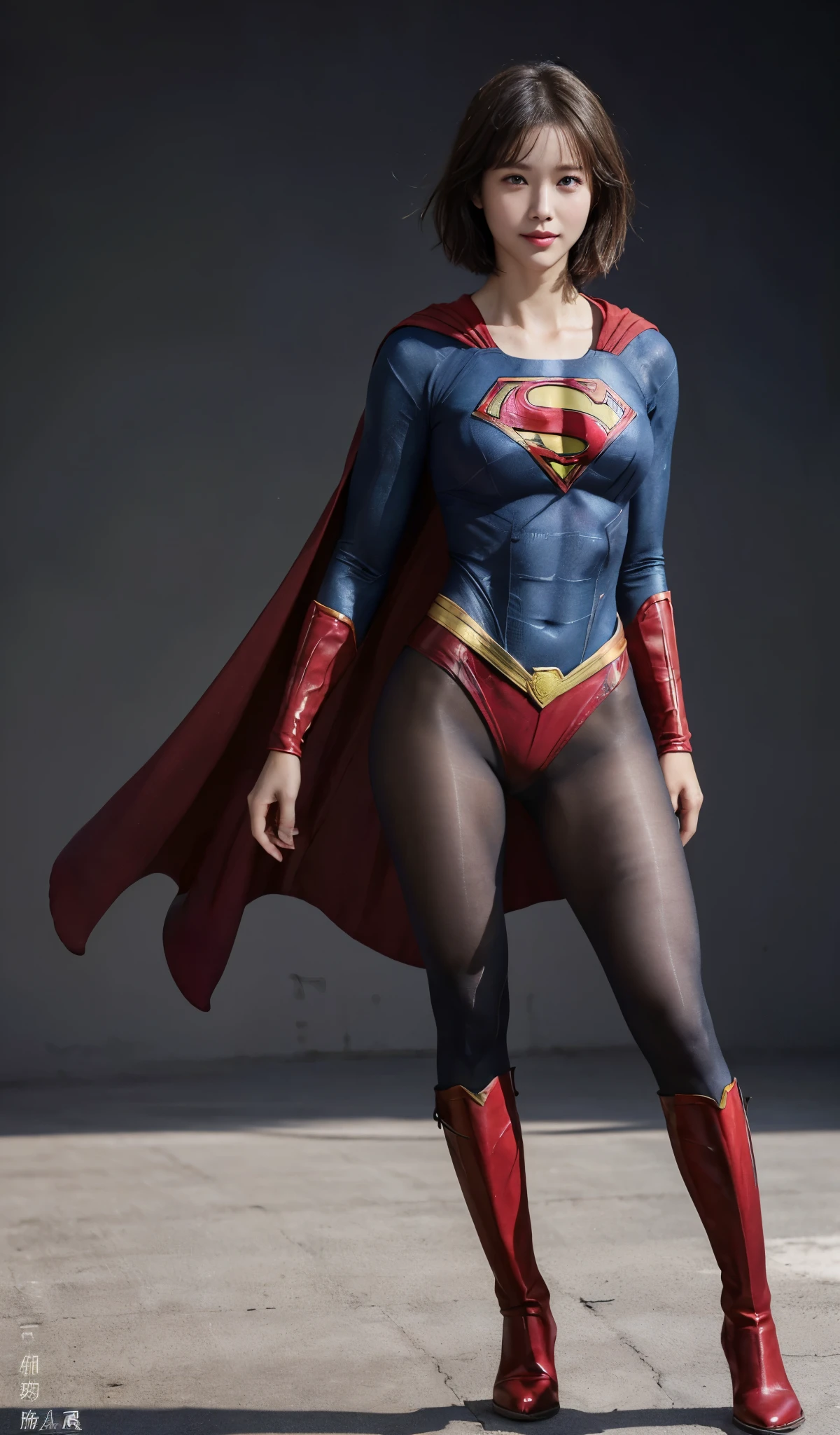 No background、(((Beautiful legs in black tights.)))、(((Legally express the beauty of your smile)))、((((Make the most of your original images)))、(((Supergirl Costume)))、(((Beautiful short bob hair)))、(((suffering)))、(((Please wear black tights....、Wear red boots)))、((Best image quality、8k))、((highest quality、8k、masterpiece:1.3))、(((Preserve background )))、Sharp focus:1.2、Beautiful woman with perfect figure:1.4、Slim Abs:1.2、Wet body:1.5、Highly detailed face and skin texture、8k