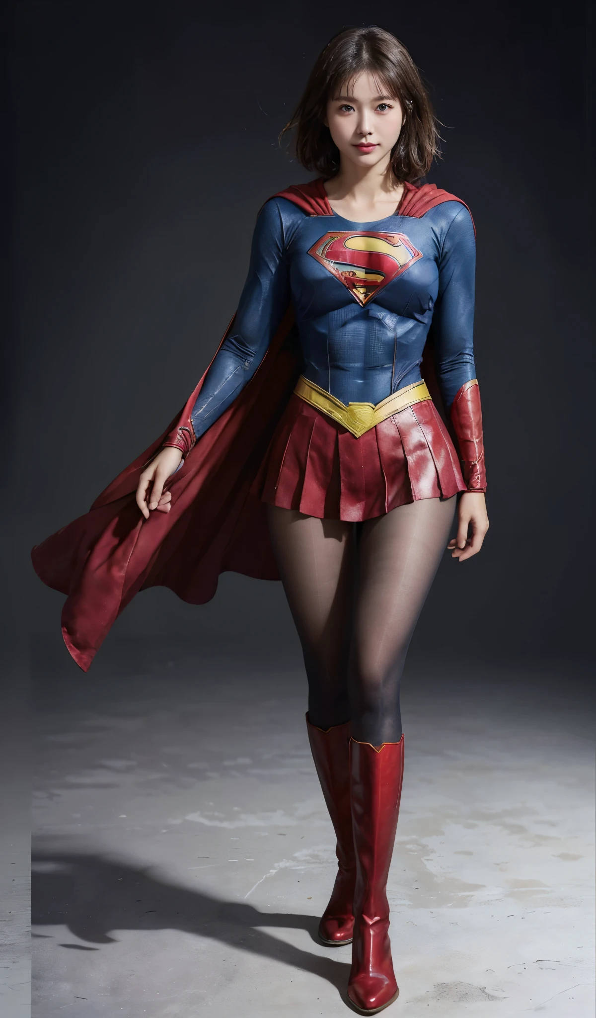 No background、(((Beautiful legs in black tights.)))、(((Legally express the beauty of your smile)))、((((Make the most of your original images)))、(((Supergirl Costume)))、(((Beautiful short bob hair)))、(((suffering)))、(((Please wear black tights....、Wear red boots)))、((Best image quality、8k))、((highest quality、8k、masterpiece:1.3))、(((Preserve background )))、Sharp focus:1.2、Beautiful woman with perfect figure:1.4、Slim Abs:1.2、Wet body:1.5、Highly detailed face and skin texture、8k