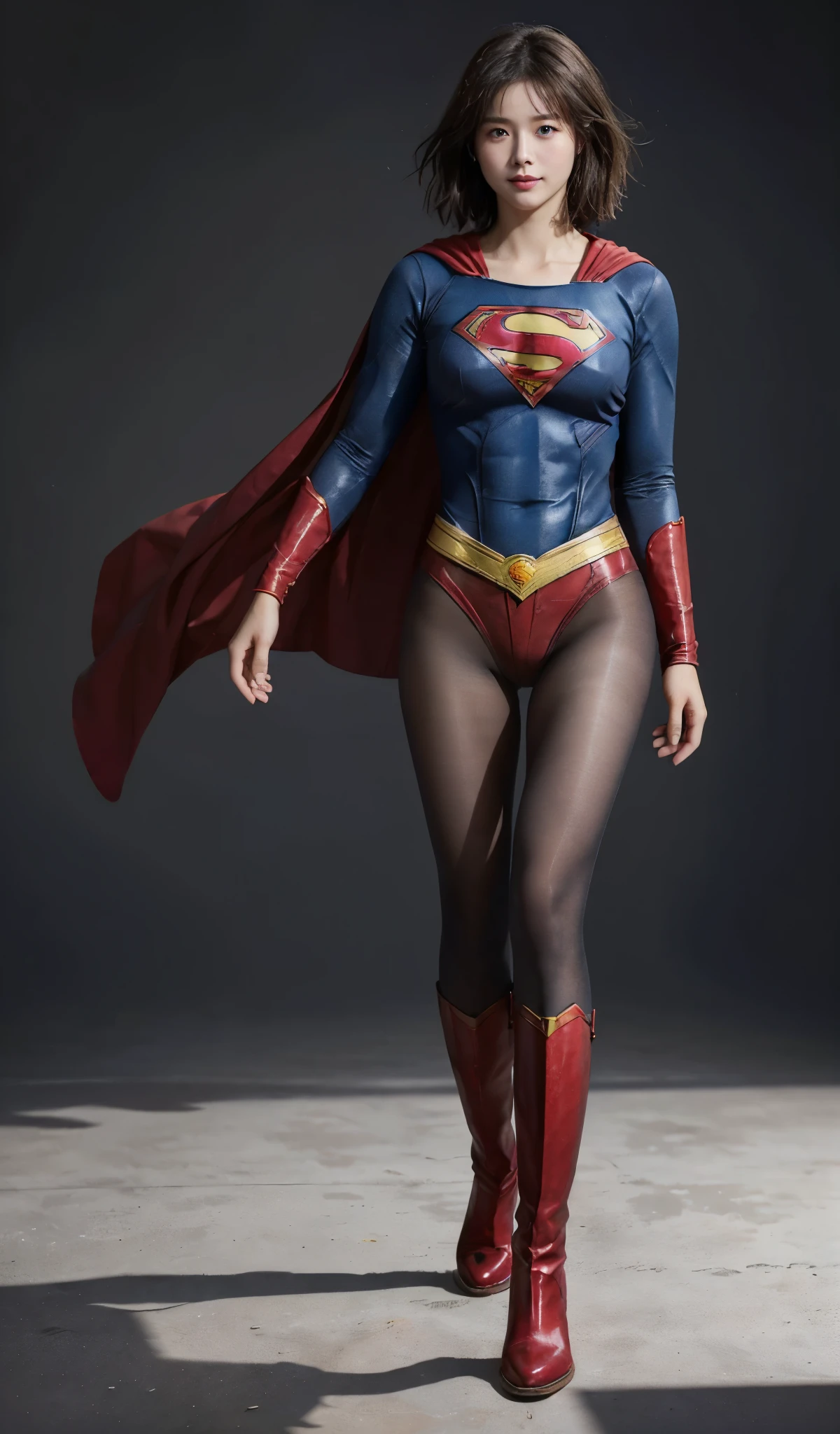 No background、(((Beautiful legs in black tights.)))、(((Legally express the beauty of your smile)))、((((Make the most of your original images)))、(((Supergirl Costume)))、(((Beautiful short bob hair)))、(((suffering)))、(((Please wear black tights....、Wear red boots)))、((Best image quality、8k))、((highest quality、8k、masterpiece:1.3))、(((Preserve background )))、Sharp focus:1.2、Beautiful woman with perfect figure:1.4、Slim Abs:1.2、Wet body:1.5、Highly detailed face and skin texture、8k