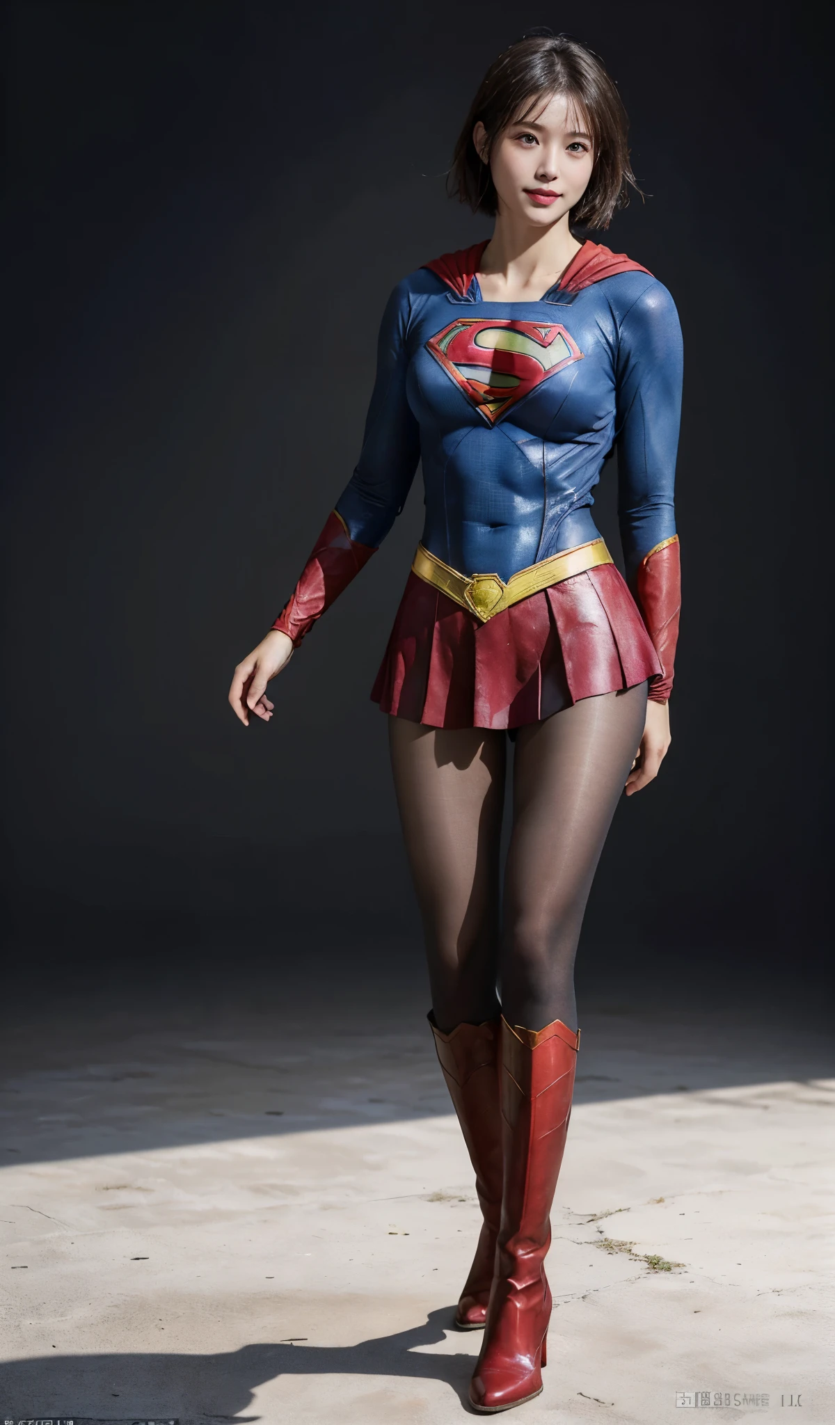 No background、(((Beautiful legs in black tights.)))、(((Legally express the beauty of your smile)))、((((Make the most of your original images)))、(((Supergirl Costume)))、(((Beautiful short bob hair)))、(((suffering)))、(((Please wear black tights....、Wear red boots)))、((Best image quality、8k))、((highest quality、8k、masterpiece:1.3))、(((Preserve background )))、Sharp focus:1.2、Beautiful woman with perfect figure:1.4、Slim Abs:1.2、Wet body:1.5、Highly detailed face and skin texture、8k