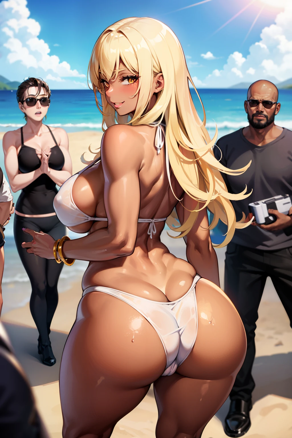 Best quality, massive breasts, massive ass, very curvy, dark brown skin, long blond hair, yellow eyes, slutty, gyaru, full lips, seductive, smiling , blond hair, gyaru, darkskin, blonde, white bikini, beach, camera, filming, being filmed, white bikini, yoga gym, darkskin, tan, white bikini , grop, multiple man, surrounded by men, , men checking out women at beach, surrounded by multiple men at, curvy milf, purple ,white bikini , one women surrounded by men, horny men, blonde, brown skin, tan skin, brown skin, tan skin, brown skin, dark skin, camera, being filmed, filmstudio, film studio at the beach, huge ass, massive ass, dynamic pose, sfw