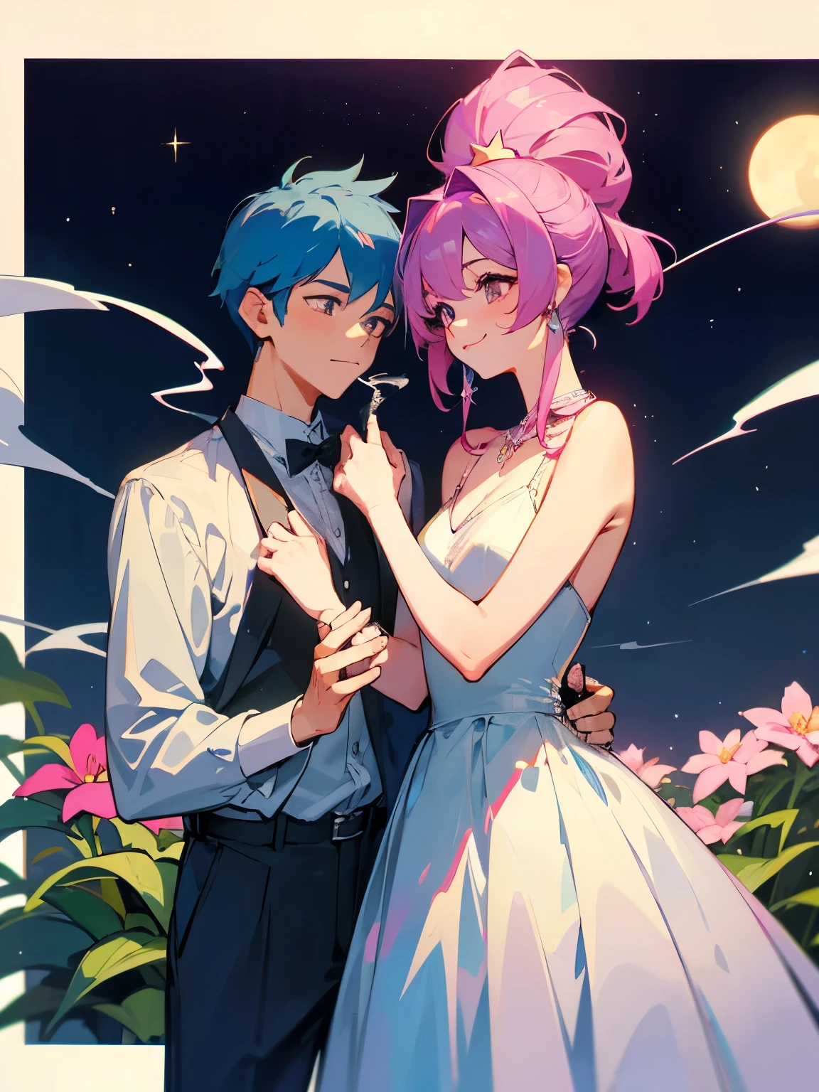 cartoon of a boy and a girl standing close together, ddlc, in the art style of 8 0 s anime, 9 0 s anime style, 90s anime style, in anime style, in an anime style, anime aesthetic, anime vibes, 9 0 s anime aesthetic, 9 0 s anime art style, lofi boy and girl, beautiful background outside, background at night with stars and a moon, fairy lights, beautiful background in a floral garden with fairy lights at night, a cute boy and a cute girl, beautiful faces, a boy and a girl, don't extra hands, NO extra hands, generate a boy and a girl with NO extra hands, NO extra arm, the boy has a short hairstyle and the girl has a long hairstyle, the boy has blue hair, the girl has pink hair, pretty faces, cute pretty boy in a smoking dress, cute pretty girl in a beautiful dress, with amazing smile, boy has a pretty smile, girl has a cute smile 