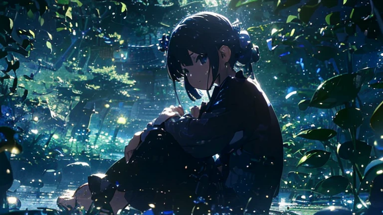 (Official Art、highest quality、unity 8k wallpaper、masterpiece、Very detailed、超A high resolution:1.2)、(Very detailedで複雑な3Dレンダリング)、詳細なBeautiful Faceと目、thin、Medium Bust、(whole body:1.2)、(Side Shot、moonを見上げる、avert your eyes:1.2)、Fireflies are flying、(Mysteriouoon Light)、Beautiful Face、Blurred Background、beautiful girl、Japanese garden、Cowboy Shot、sitting in veranda、空に一つの満moon、moon