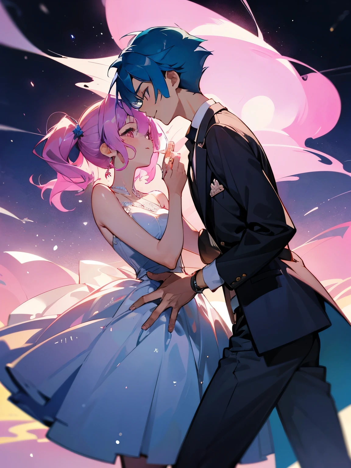cartoon of a boy and a girl standing close together, ddlc, in the art style of 8 0 s anime, 9 0 s anime style, 90s anime style, in anime style, in an anime style, anime aesthetic, anime vibes, 9 0 s anime aesthetic, 9 0 s anime art style, lofi boy and girl, beautiful background outside, background at night with stars and a moon, fairy lights, beautiful background in a floral garden with fairy lights at night, a cute boy and a cute girl, beautiful faces, a boy and a girl, don't extra hands, NO extra hands, generate a boy and a girl with NO extra hands, NO extra arm, the boy has a short hairstyle and the girl has a long hairstyle, the boy has blue hair, the girl has pink hair, pretty faces, cute pretty boy in a smoking dress, cute pretty girl in a beautiful dress, with amazing smile, boy has a pretty smile, girl has a cute smile 
