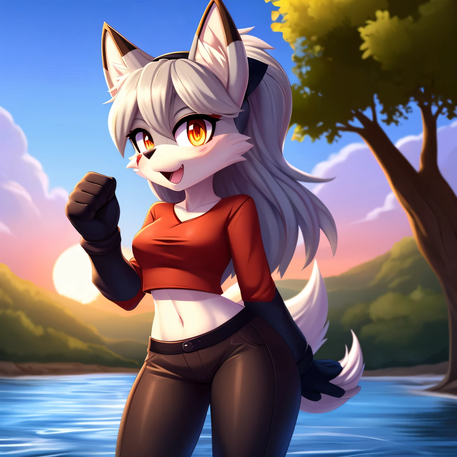 masterpiece, best quality, ultra-detailed, cinematic lighting, beautiful lighting, detailed background, detailed iris, detailed eyes, shading, intricate details, ((sharp, dynamic pose, expressive eyes)), ((4k)), ((2d, 2d art)), digital art, solo, outdoors, 1girl, smile, animal ear fluff, navel, hairband, open mouth, crop top, long hair, animal ears, breasts, tree, furry, blush, clothing cutout, red shirt, shirt, shoulder cutout, fox girl, whitish light grey hair, hands up, bangs, cowboy shot, pants, black gloves, animal nose, gloves, fox ears, nature, standing, furry female, happy, water, sunset, looking at viewer, ((whitish light grey fur)), forest, long sleeves, ribbon, black pants, black hairband, clenched hands, sky, tail, hair ribbon, fang, midriff, black ribbon, medium breasts, fox tail, very long hair, orange eyes, stomach, heart, body fur, river, :3, sidelocks, white fur, shiny, lake, grass, small breasts, scenery, fur trim, red markings on face