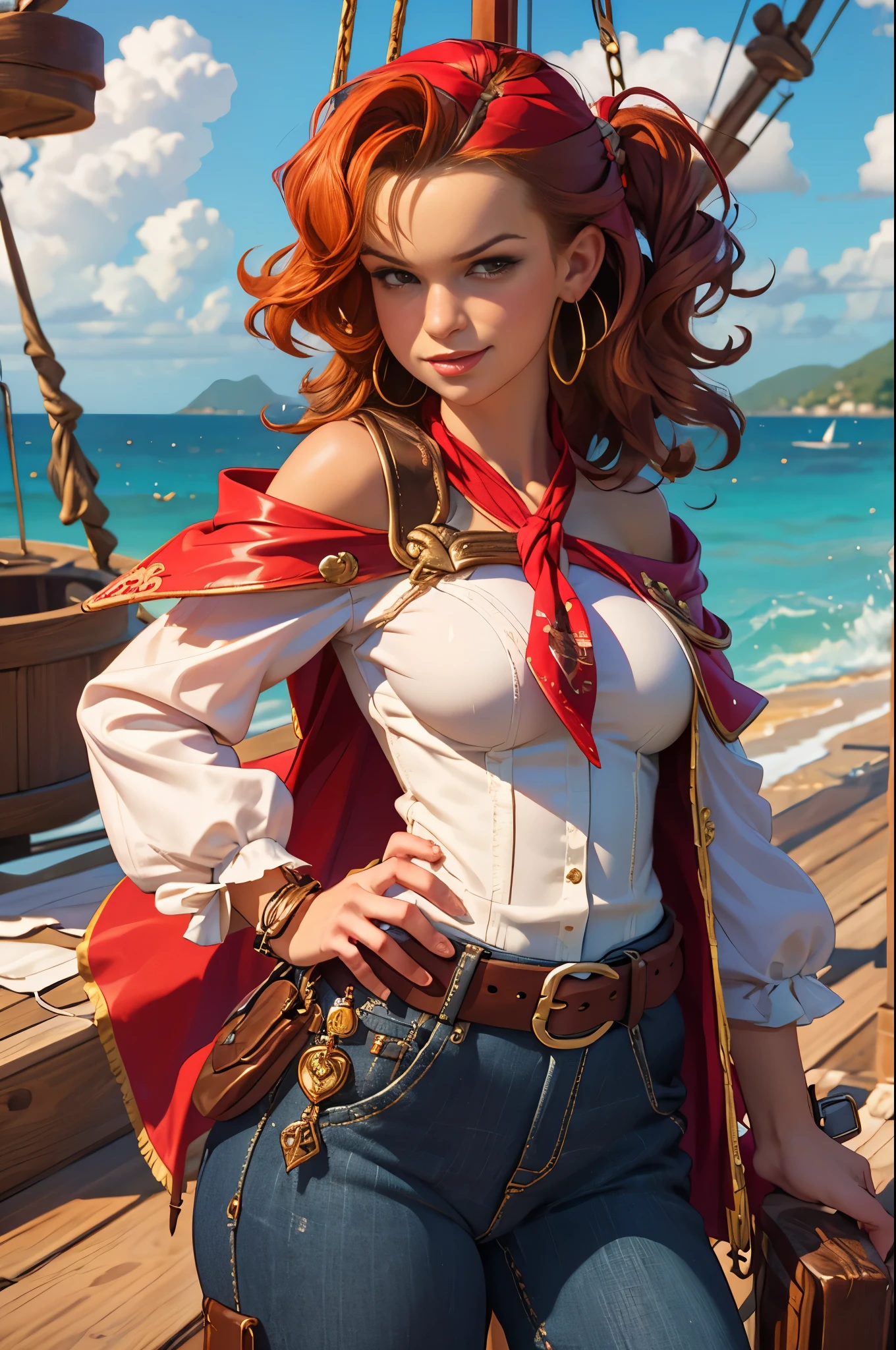 Female 17th century pirate, pirate captain, mid 30s woman, smirking, wavy shoulder length vivid red hair, red bandanna, large gold hoop earrings, puffy long sleeved white shirt, brown leather vest, belt, large square belt buckle, long brown pantaloons, worn leather boots, period dress, dirty clothes, holding a cutlass, dramatic pose, on deck aboard a pirate ship, caribbean island, painterly illustration, best quality, 8k, masterpiece, bright vivid colours, colourful, renatadaninsky