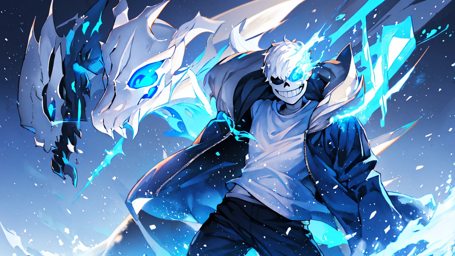 Toby Fox Undertale Sans blue jacket white shirt,Fire eyes skull smile white short hair glowing sexy dragon skull cannon one standing in the snow town Femininefull big breast breast enlargement looking into the camera full-body shot perfect illustration, ultra-detailed, HDR, vibrant colors, soft lighting