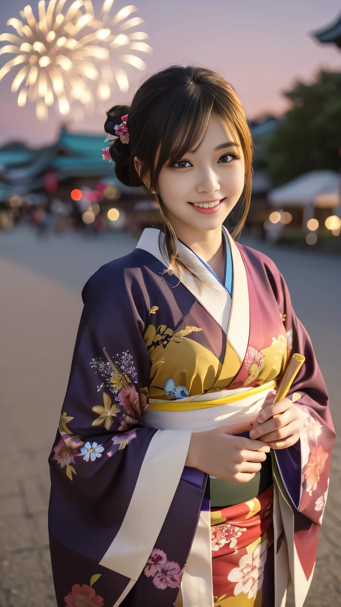 Looking at the camera,(((highest quality, 8k, masterpiece))), Sharp focus, (Beautiful woman with perfect figure), thin, (Hairstyle: superior)), ((kimono: Cane)), street: 1.2 Highly detailed face and skin texture Detailed eyes Double eyelid Random pose, (smile),ssuperiorer cute Japan person,ssuperiorer beauty Japanese girl, Realistic Face, double eyelid,smile,Summer festival , At sunset , Beautiful Teeth , Fireworks Background.