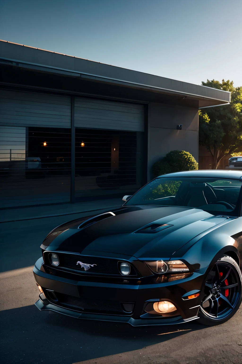 A realistic image of a 2013 S197 Ford Mustang GT with a sleek black exterior and black rims, tinted windows adding to its mysterious allure, sits against the backdrop of a vibrant spring scene. The sun is setting, casting long shadows and highlighting the intricate details of the muscular car body – from the shiny black paint to the fine lines and contours. The image, captured in high resolution, showcases the Mustang in all its glory – the sharp headlights, the elegant hood scoops, and the menacing grille. The spring scene in the background, with its lush greenery and beautiful flowers, brings a sense of serenity to the