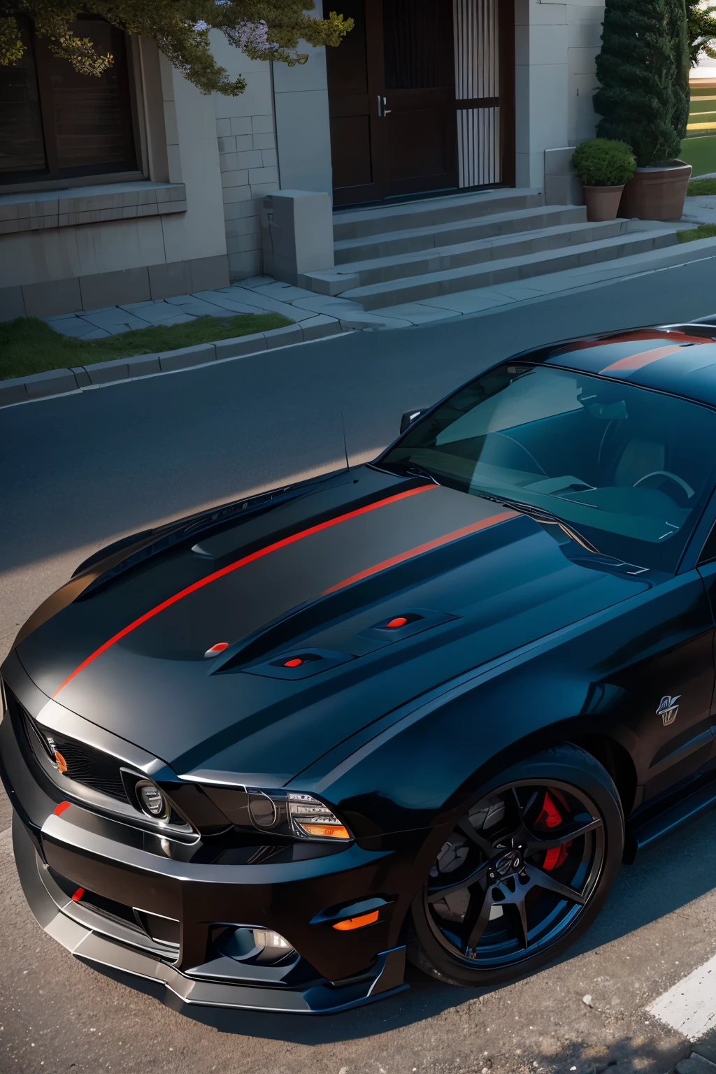 A realistic image of a 2013 S197 Ford Mustang GT with a sleek black exterior and black rims, tinted windows adding to its mysterious allure, sits against the backdrop of a vibrant spring scene. The sun is setting, casting long shadows and highlighting the intricate details of the muscular car body – from the shiny black paint to the fine lines and contours. The image, captured in high resolution, showcases the Mustang in all its glory – the sharp headlights, the elegant hood scoops, and the menacing grille. The spring scene in the background, with its lush greenery and beautiful flowers, brings a sense of serenity to the