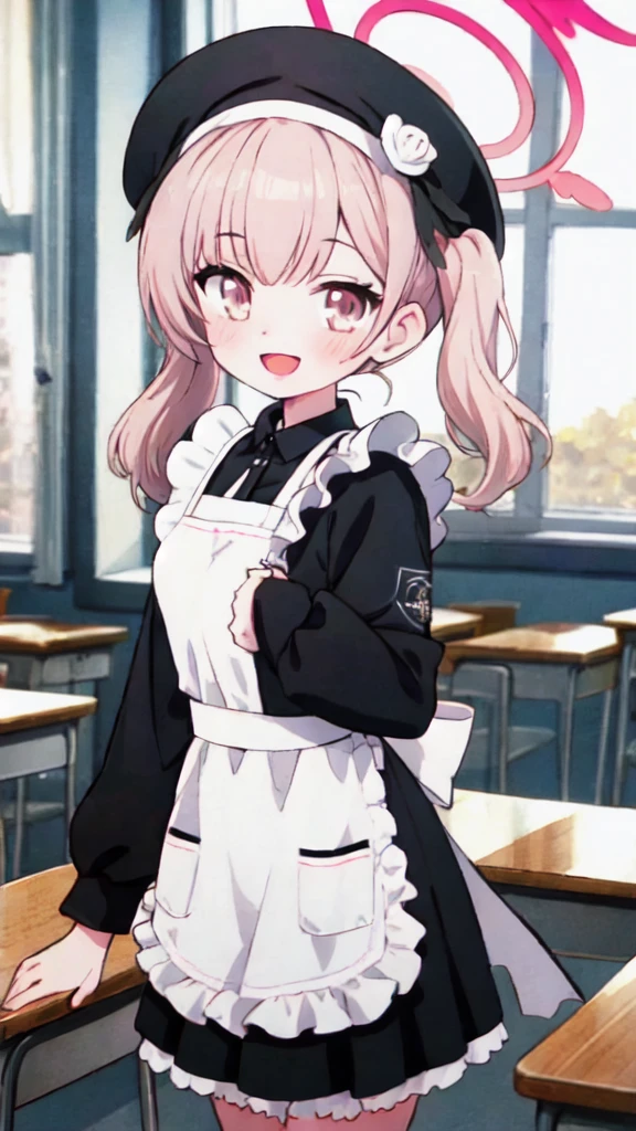 1 girl, Koharu\(Blue Archive\), twintails, halo, beret, head feathers, low feathers, standing, whole body, looking at viewer, smile, open mouth, sunset, classroom, window, backlight , depth of field,Maid Costume,White apron,White frill,