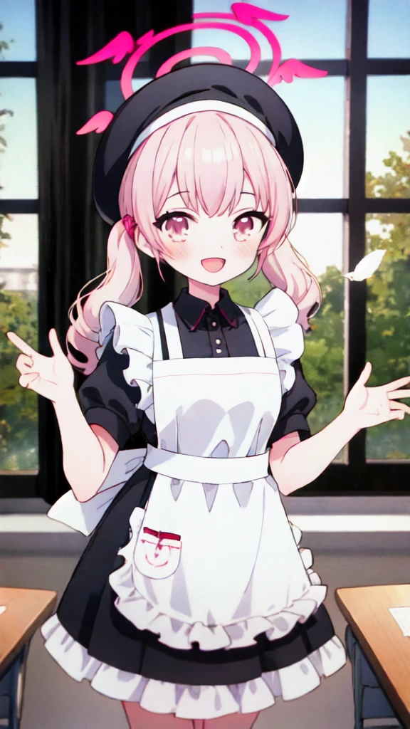 1 girl, Koharu\(Blue Archive\), twintails, halo, beret, head feathers, low feathers, standing, whole body, looking at viewer, smile, open mouth, sunset, classroom, window, backlight , depth of field,Maid Costume,White apron,White frill,