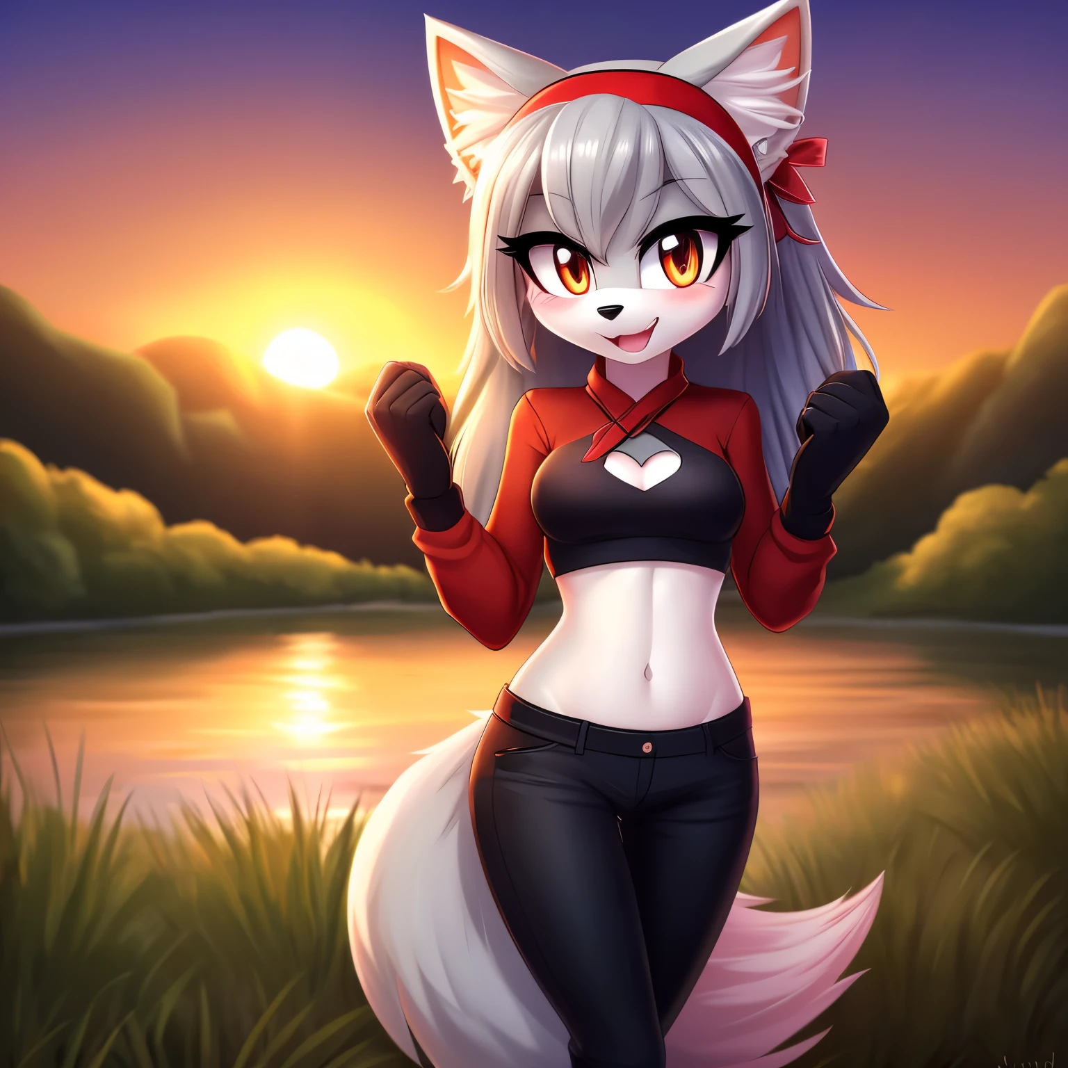 masterpiece, best quality, ultra-detailed, cinematic lighting, beautiful lighting, detailed background, detailed iris, detailed eyes, shading, intricate details, ((sharp, dynamic pose, expressive eyes)), ((4k)), ((2d, 2d art)), digital art, solo, outdoors, 1girl, smile, animal ear fluff, navel, hairband, open mouth, crop top, long hair, animal ears, breasts, tree, furry, blush, clothing cutout, red shirt, shirt, shoulder cutout, fox girl, whitish light grey hair, hands up, bangs, cowboy shot, pants, black gloves, animal nose, gloves, fox ears, nature, standing, furry female, happy, water, sunset, looking at viewer, ((whitish light grey fur)), forest, black long sleeves, ribbon, black pants, black hairband, clenched hands, sky, tail, hair ribbon, fang, midriff, black ribbon, medium breasts, fox tail, very long hair, orange eyes, stomach, heart, body fur, river, :3, sidelocks, white fur, shiny, lake, grass, small breasts, scenery, fur trim, red markings on face
