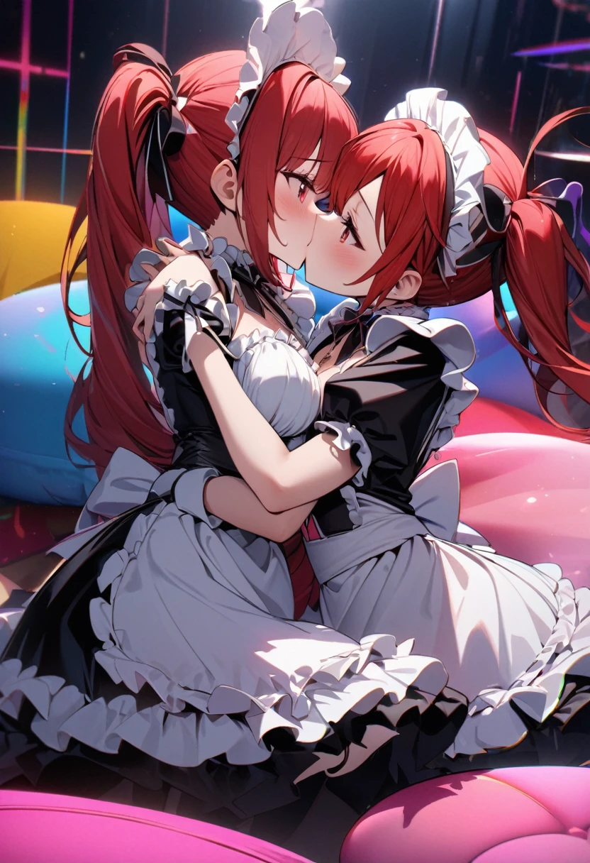 masterpiece, lots of detail, 4k, 8k, ((ultra-detailed)), highres, soft lighting, 2girls, maid outfit, couch, mouth open, blush, tongue, saliva, {green hair|red hair}, {curvy|petite}, hand on crotch, fingering